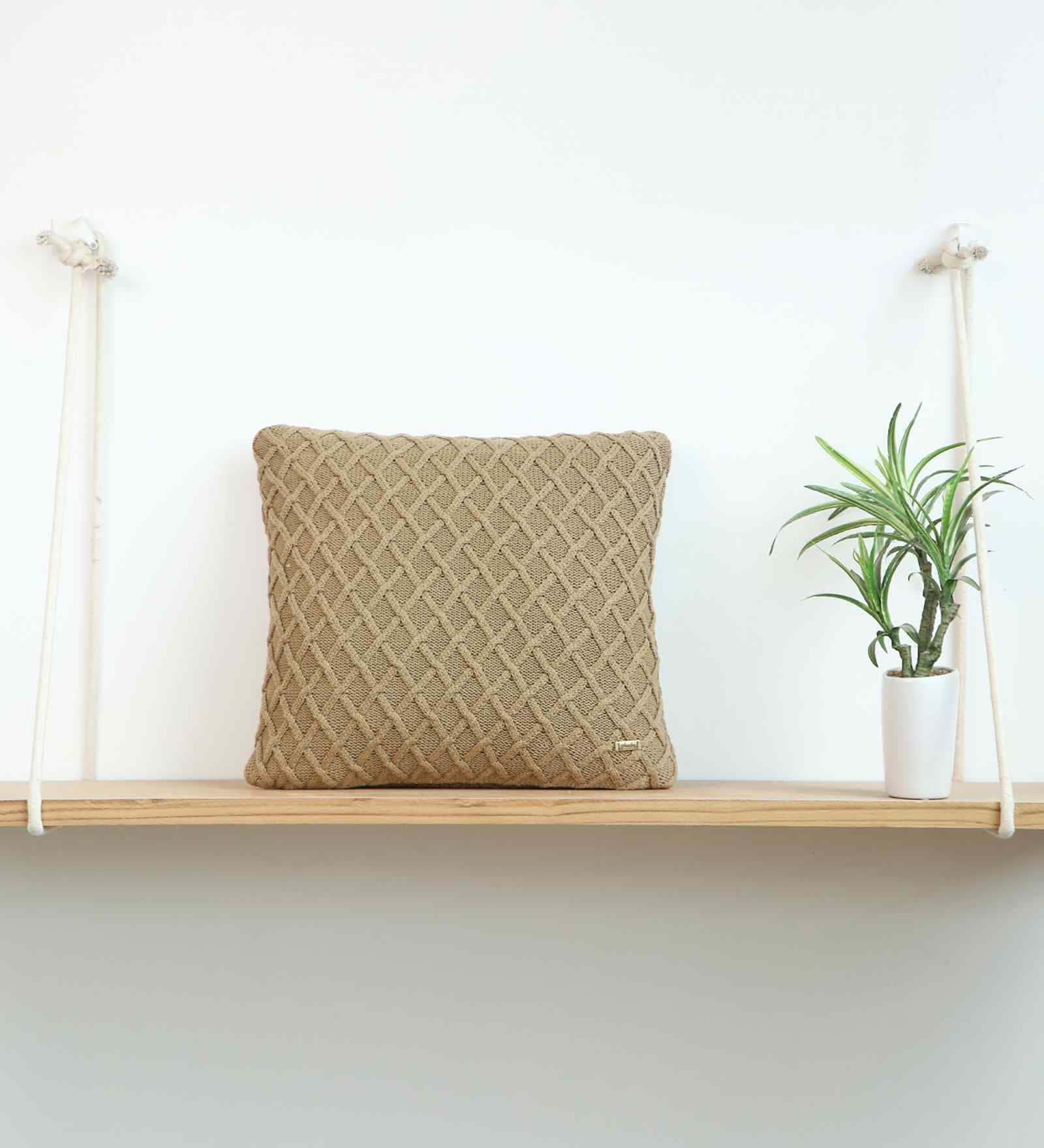Khaki 100% Cotton Crest16X16 Inches Knitted Cushion Cover