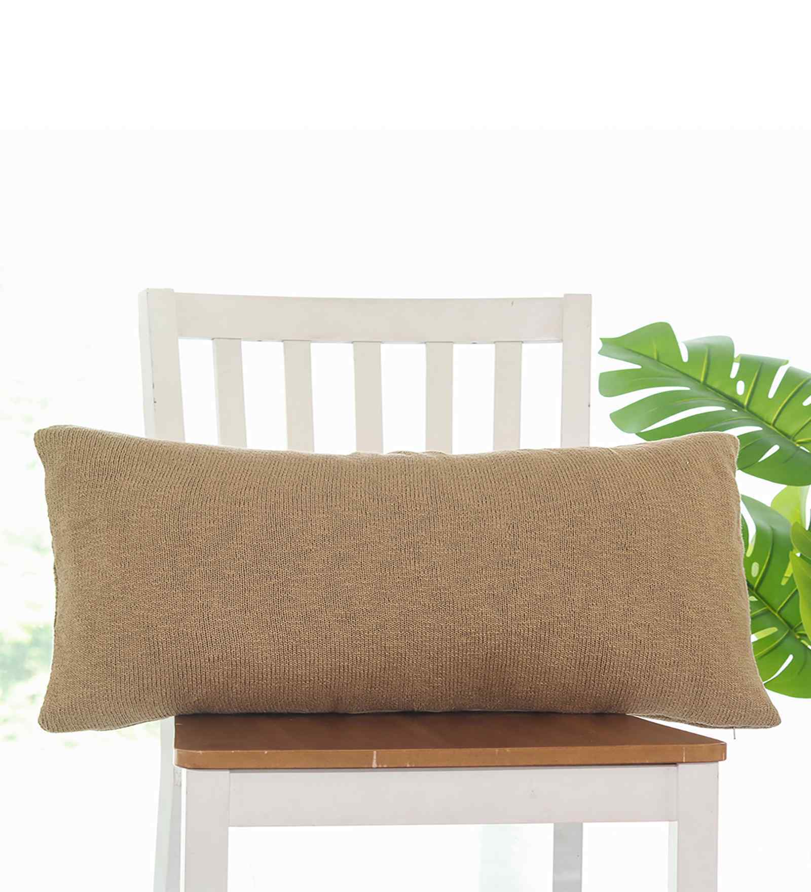 Buy Khaki 100% Cotton Sofie Plain 14X27 Inches Knitted Cushion Cover by ...