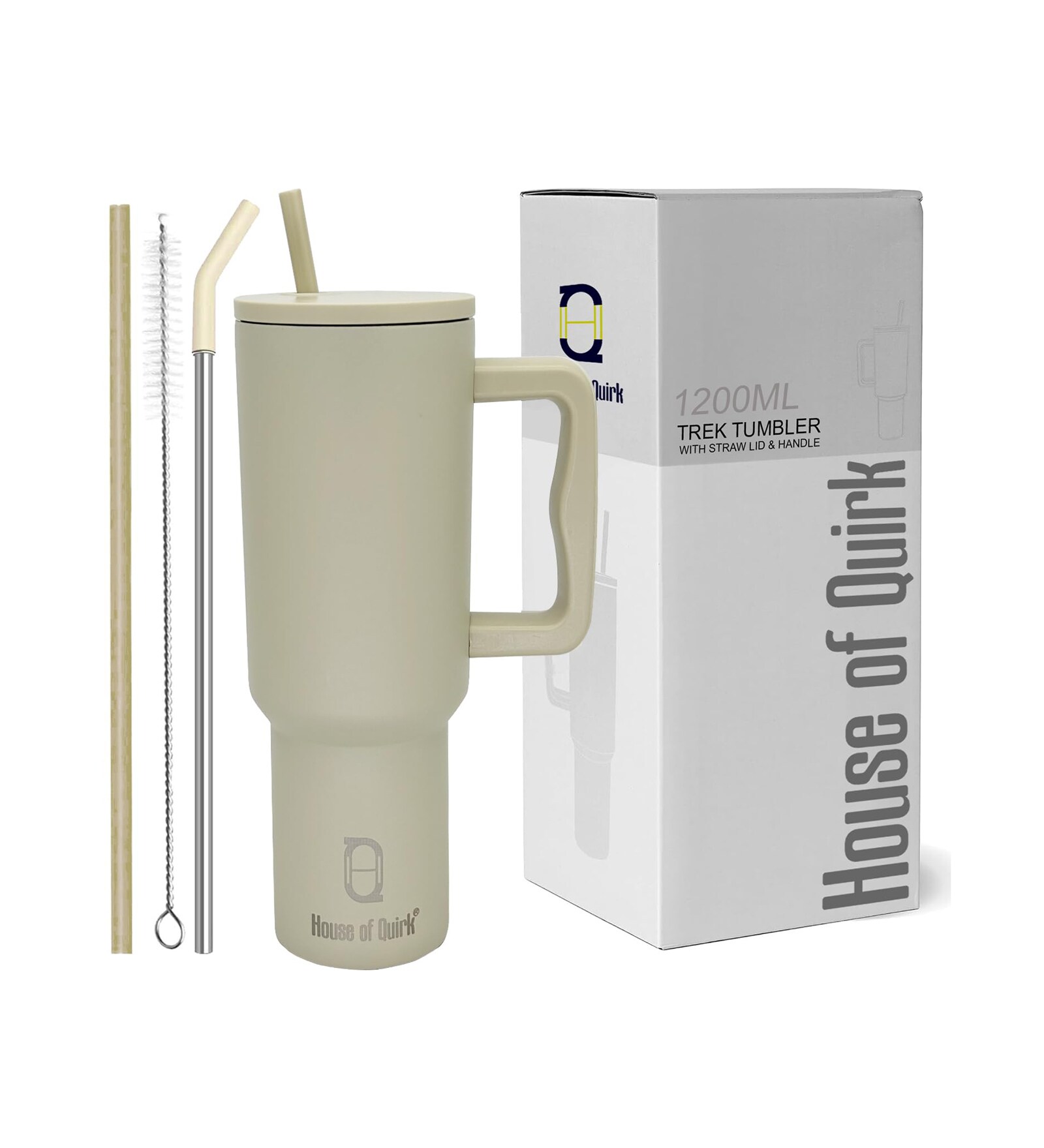 Khaki 1200ml Stainless Steel Double Insulated Leak Proof Coffee Tumbler with Lid & Straw