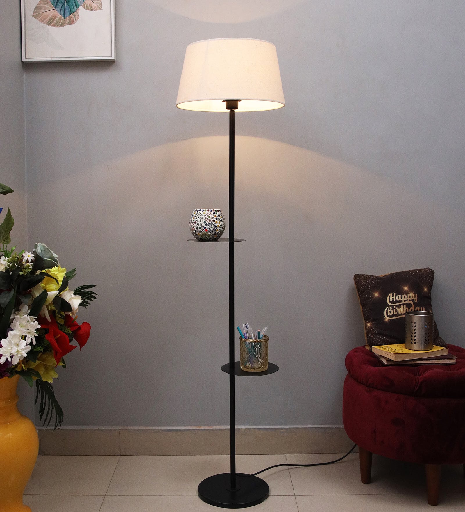 Roman Khaki Cotton Shade Shelf Floor Lamp With Metal Base