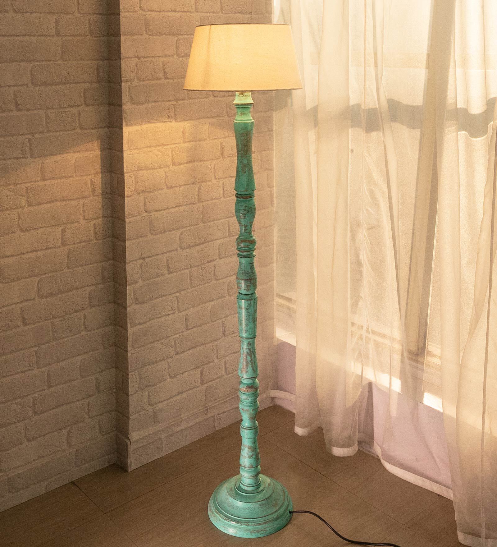 Khaki Cotton Shade Club Floor Lamp With Wood Base