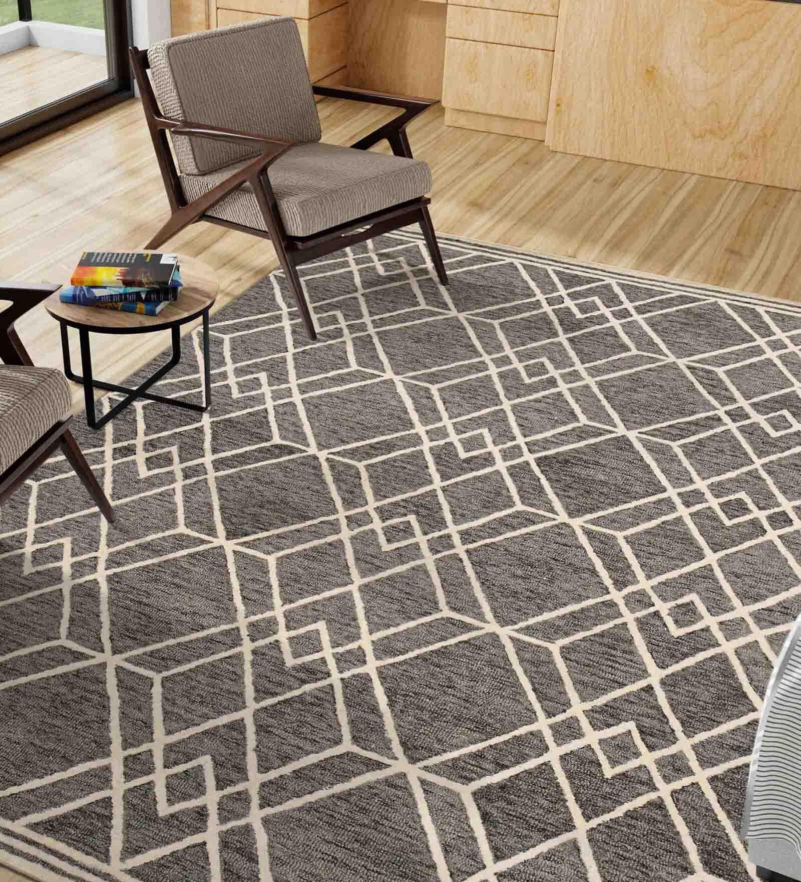 Grey Geometric Wool 8 ft x 10 ft Hand Tufted Carpet