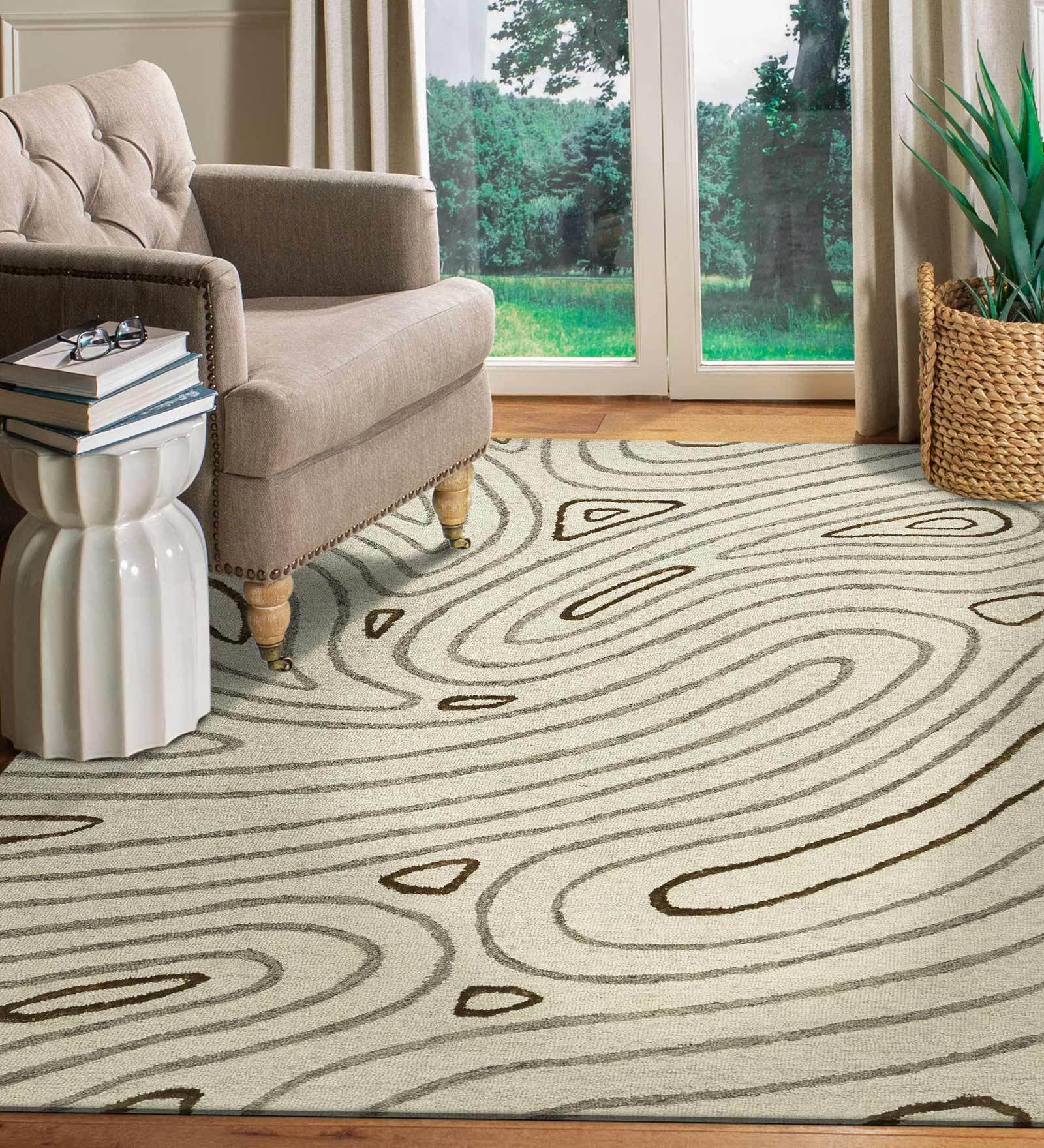 Beige Abstract Blended Wool 4 ft x 6 ft Hand Tufted Carpet