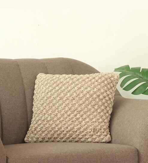 Khaki & Natural 100% Cotton Popcorn 16X16 Inches Knitted Cushion Cover