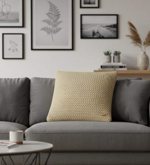 Khaki 100% Cotton Anna16X16 Inches Knitted Cushion Cover