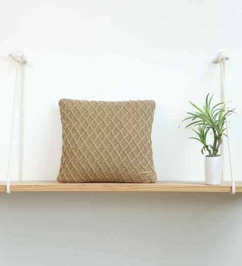 Khaki 100% Cotton Crest16X16 Inches Knitted Cushion Cover