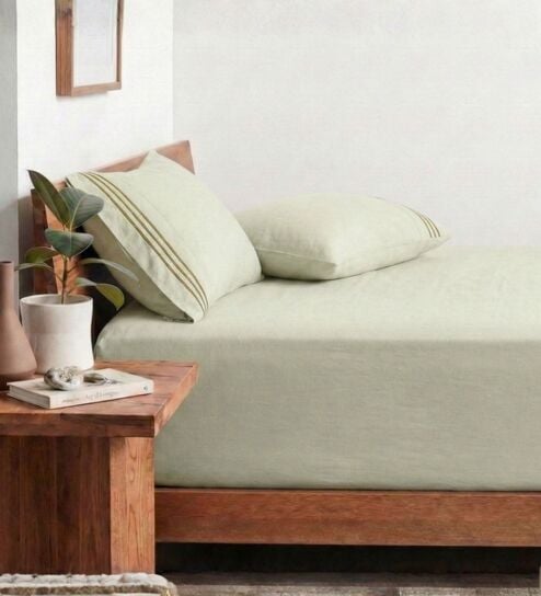 Khaki 210 TC Cotton King Size Bedsheet with 2 Embroidered Pillow Covers