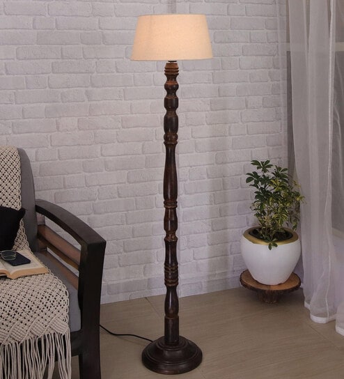 Khaki Cotton Shade Floor Lamp With Wooden Base