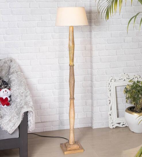 Khaki Cotton Shade Floor Lamp With Wooden Base
