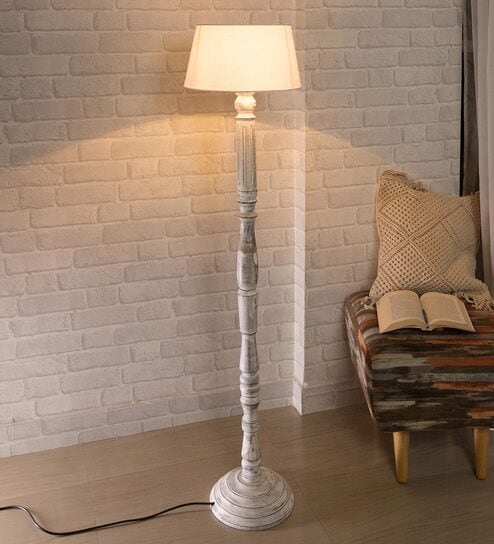 Khaki Cotton Shade Floor Lamp With Wooden Base