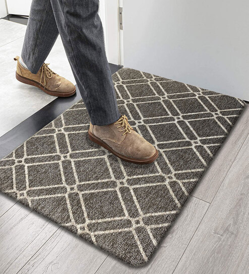 Khaki Geometric Microfibre 30x18 Inches Anti Skid Door Mat