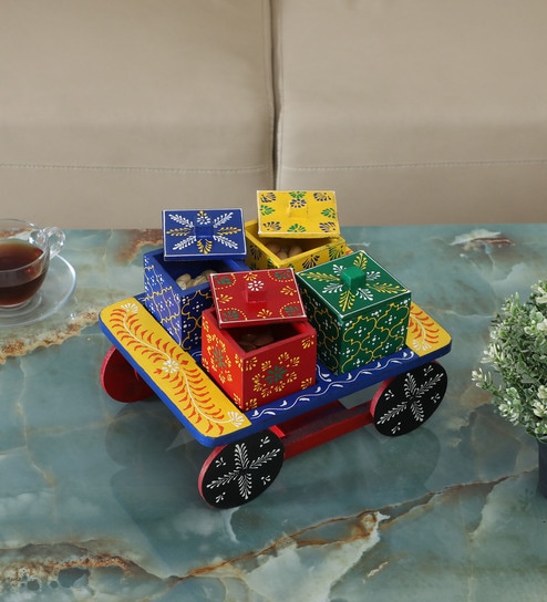 KHATIYA STYLE DRY FRUIT TRAY WITH 4 BOXES, HAND PAINTED