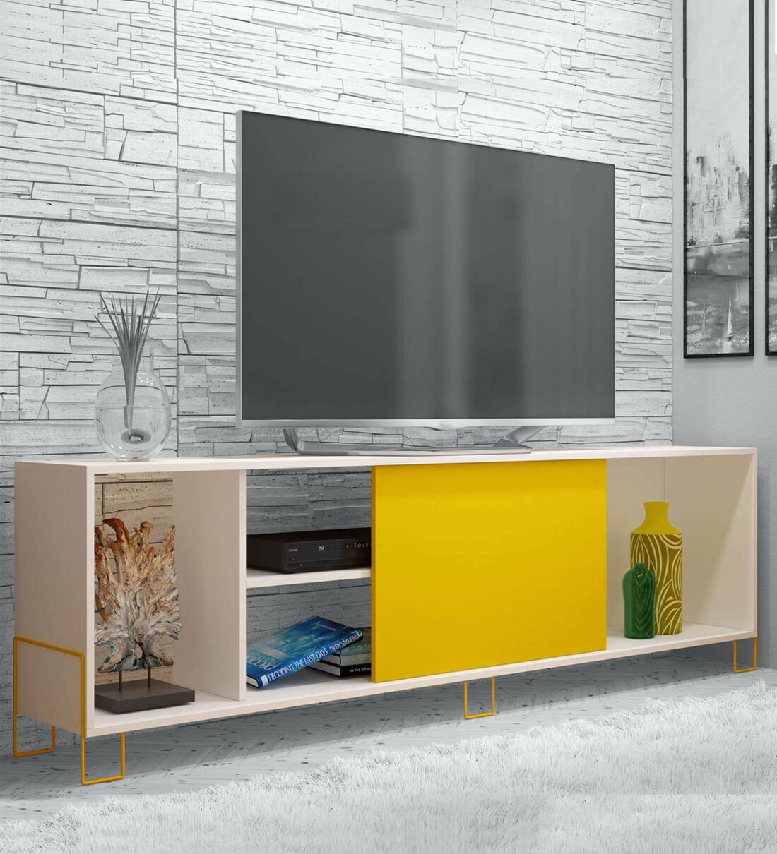 Buy Kiwako Tv Unit In White & Yellow Finish By Mintwud Online