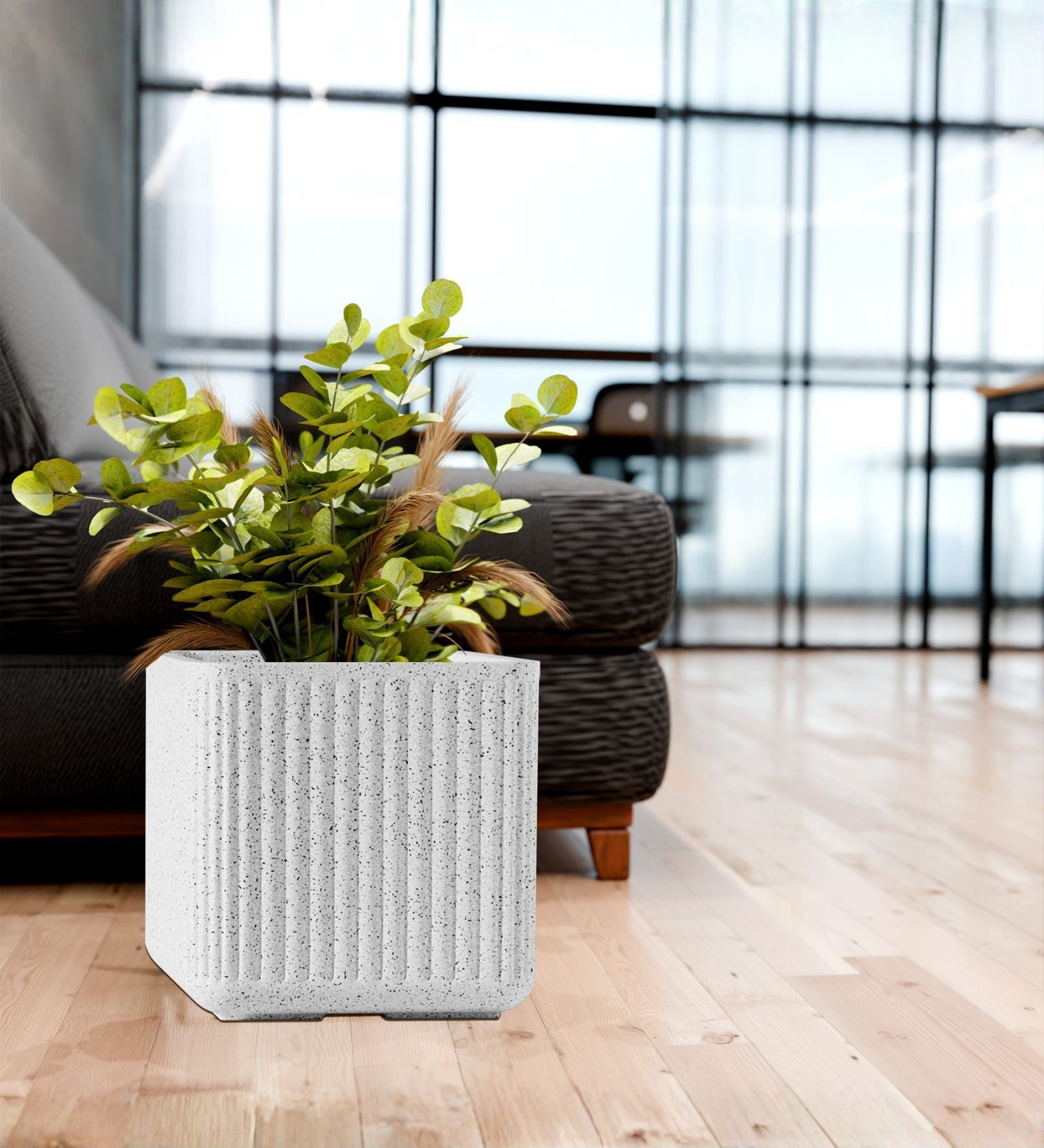 KIA SQ Marble White 12 Inch German Polymer Round Plant Container