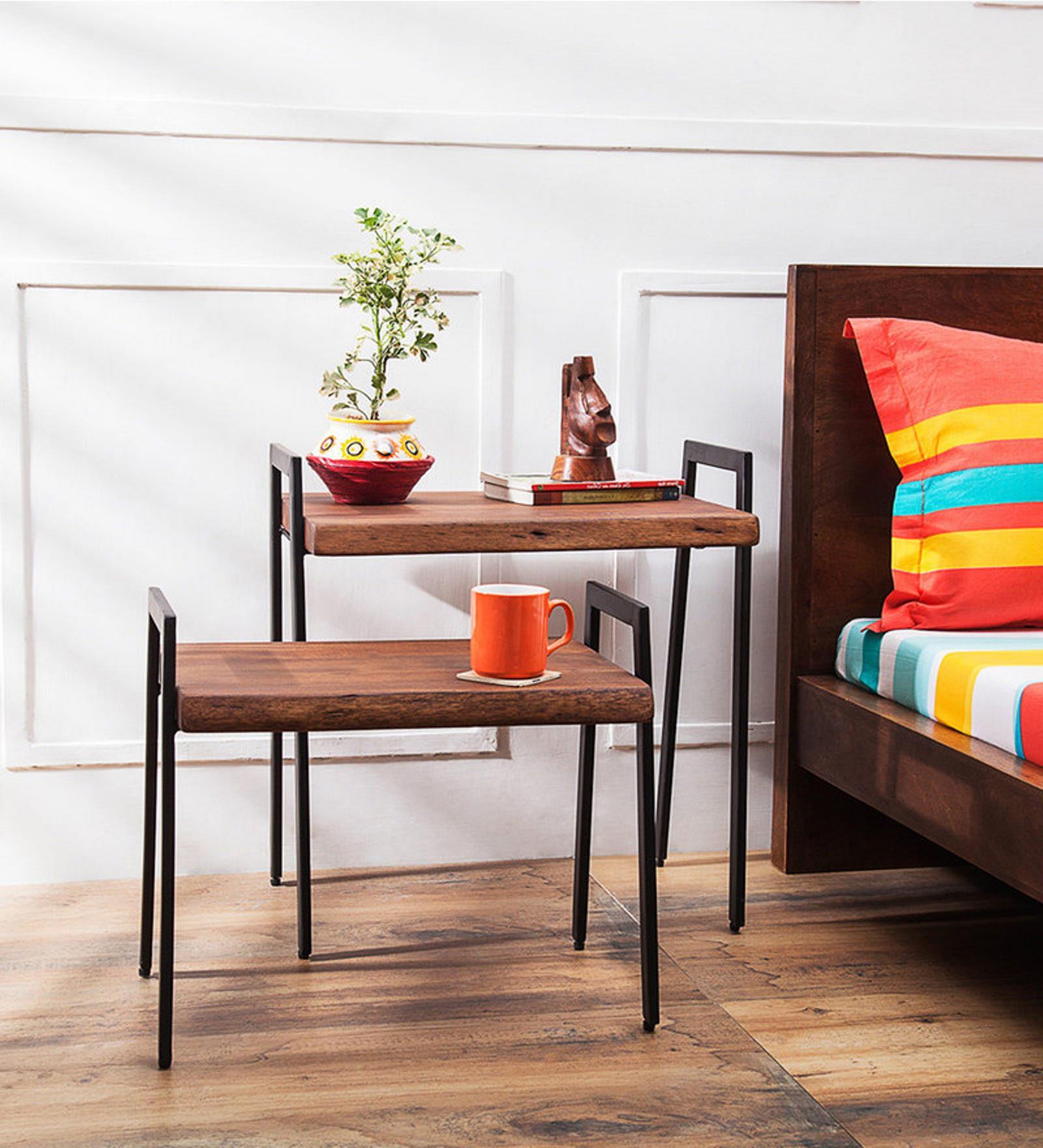 Kiaka Set of Two Tables in Premium Acacia Finish with Metal on Rent