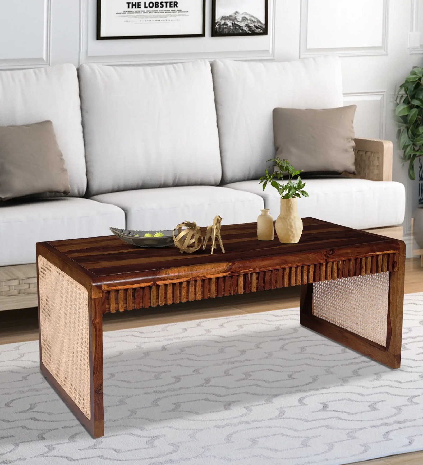 Kian Sheesham Wood Coffee Table With Rattan In Walnut