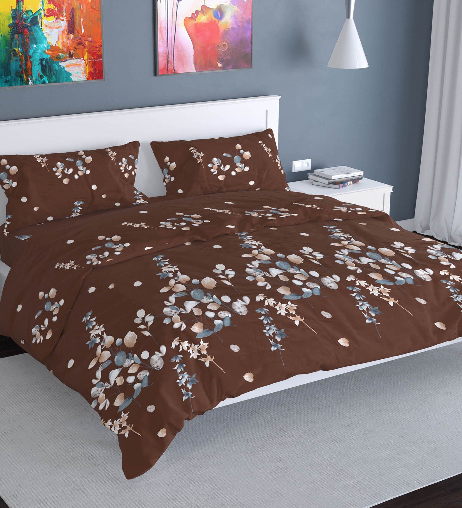 Brown Floral 144 TC Poly Cotton 1 Double Bedsheet with 2 Pillow Covers