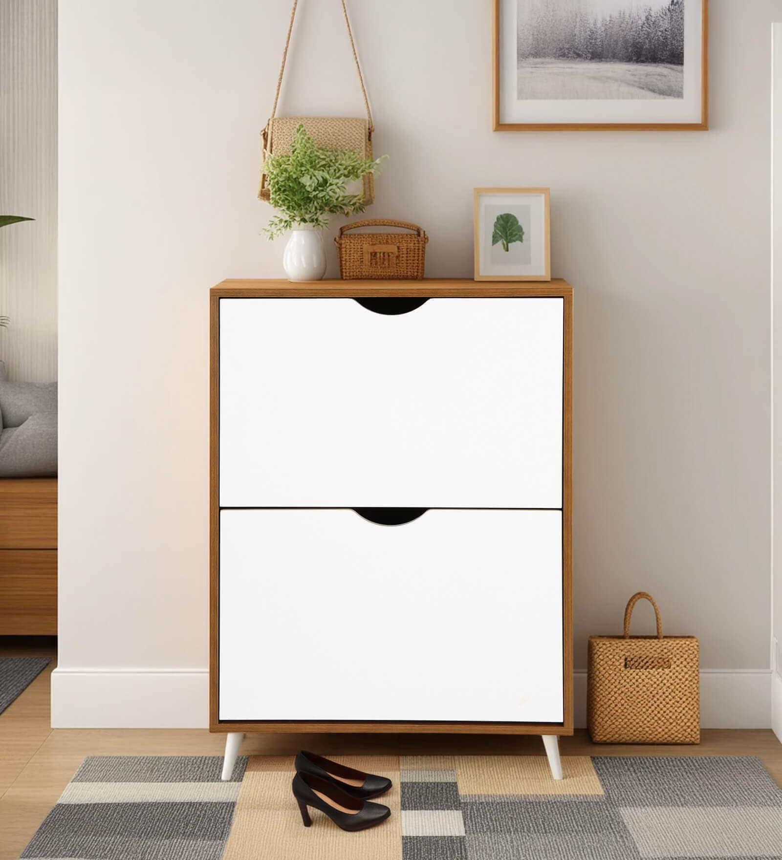 Kibo 12 Pair 2 Tier Shoe Cabinet In Lyon Walnut Finish