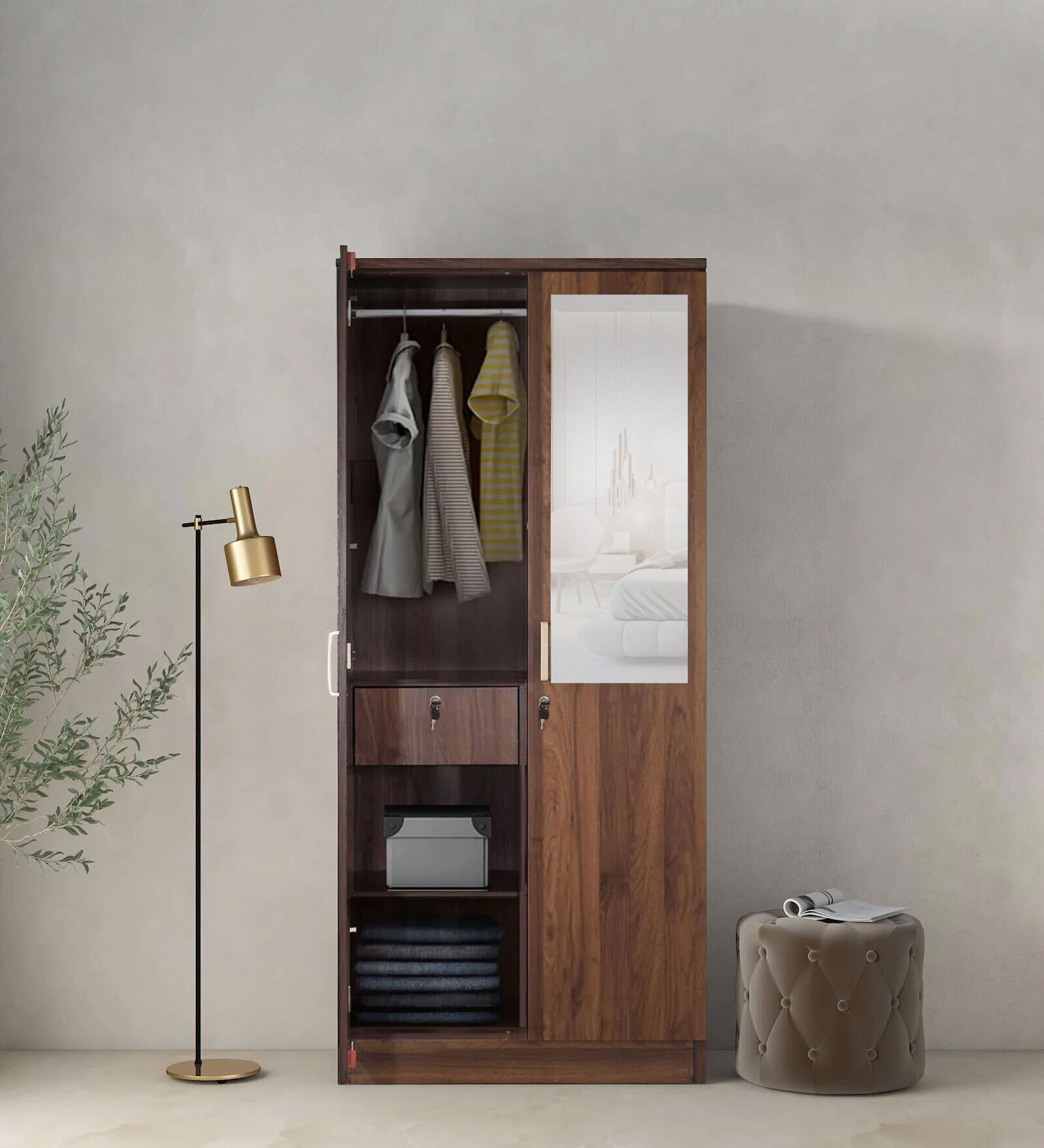 Kibo 2 Door Wardrobe in Columbia Walnut Finish with Mirror & Lock