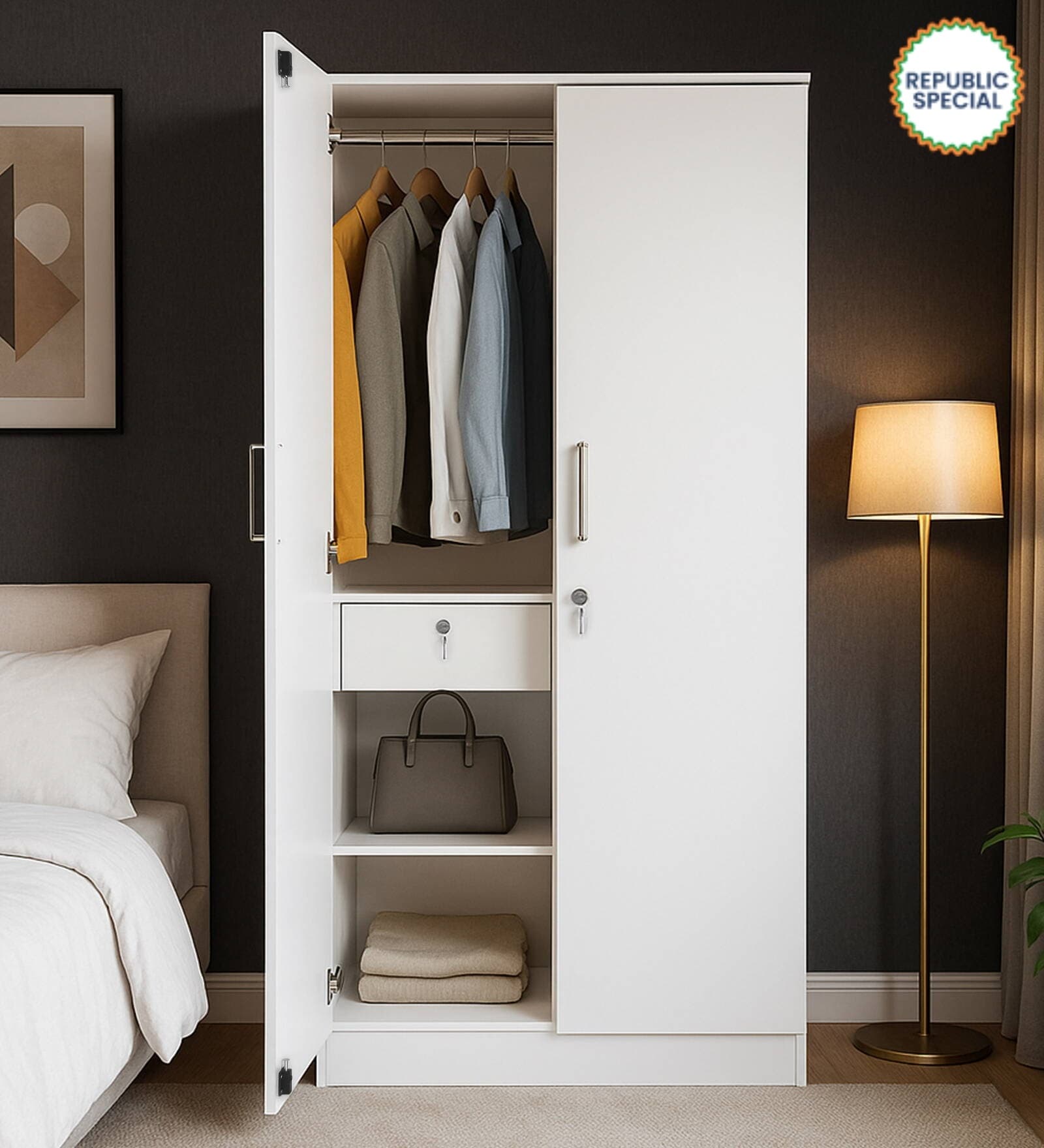 Kibo 2 Door Wardrobe In Off White Finish With Drawer