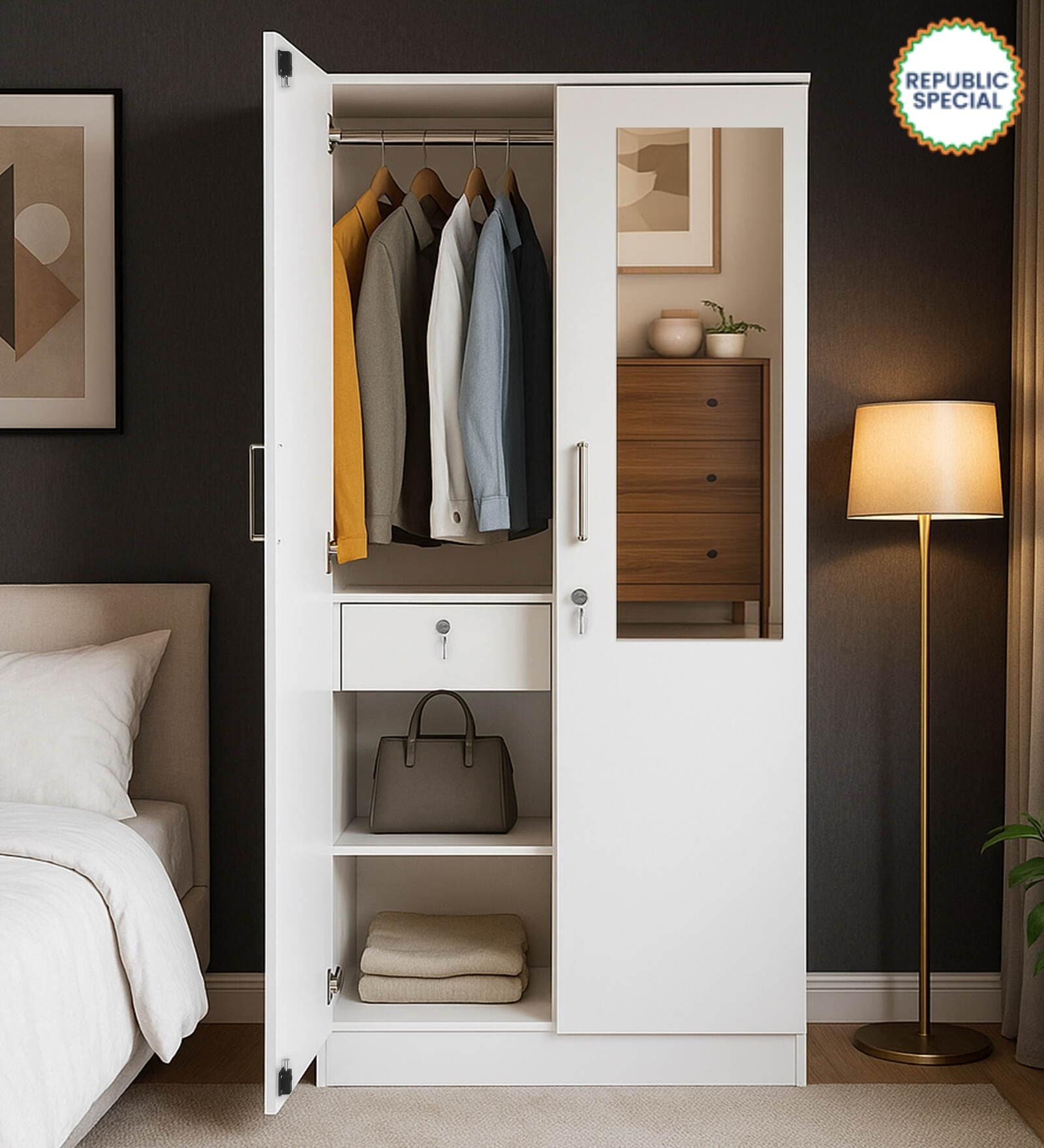 Kibo 2 Door Wardrobe In Off White Finish With Mirror & Drawer