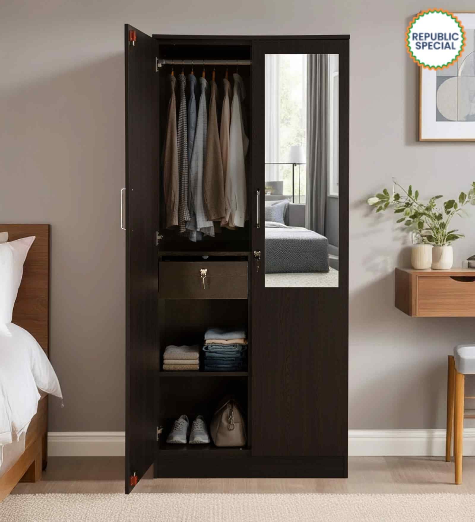 Kibo 2 Door Wardrobe In Wenge Finish With Mirror & Drawer