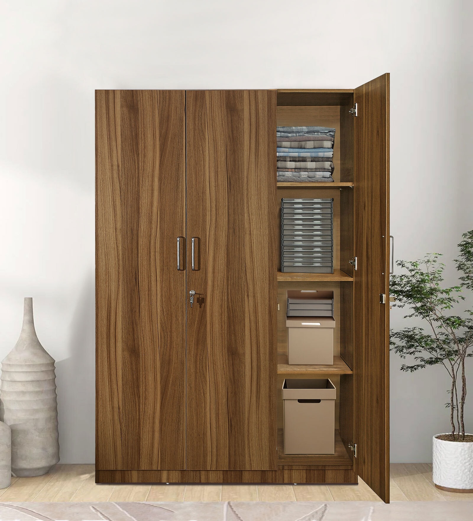 Kibo 3 Door Wardrobe In Lyon Walnut Finish With Drawer & Adjustable Shelves