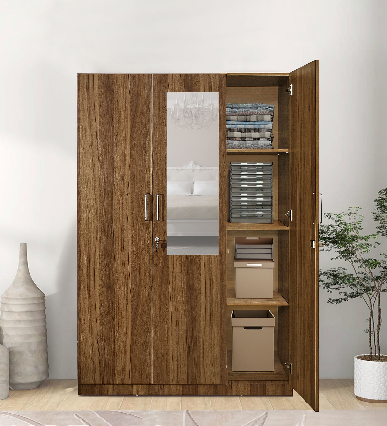 Kibo 3 Door Wardrobe In Lyon Walnut Finish With Drawer& Adjustable Shelves & Mirror