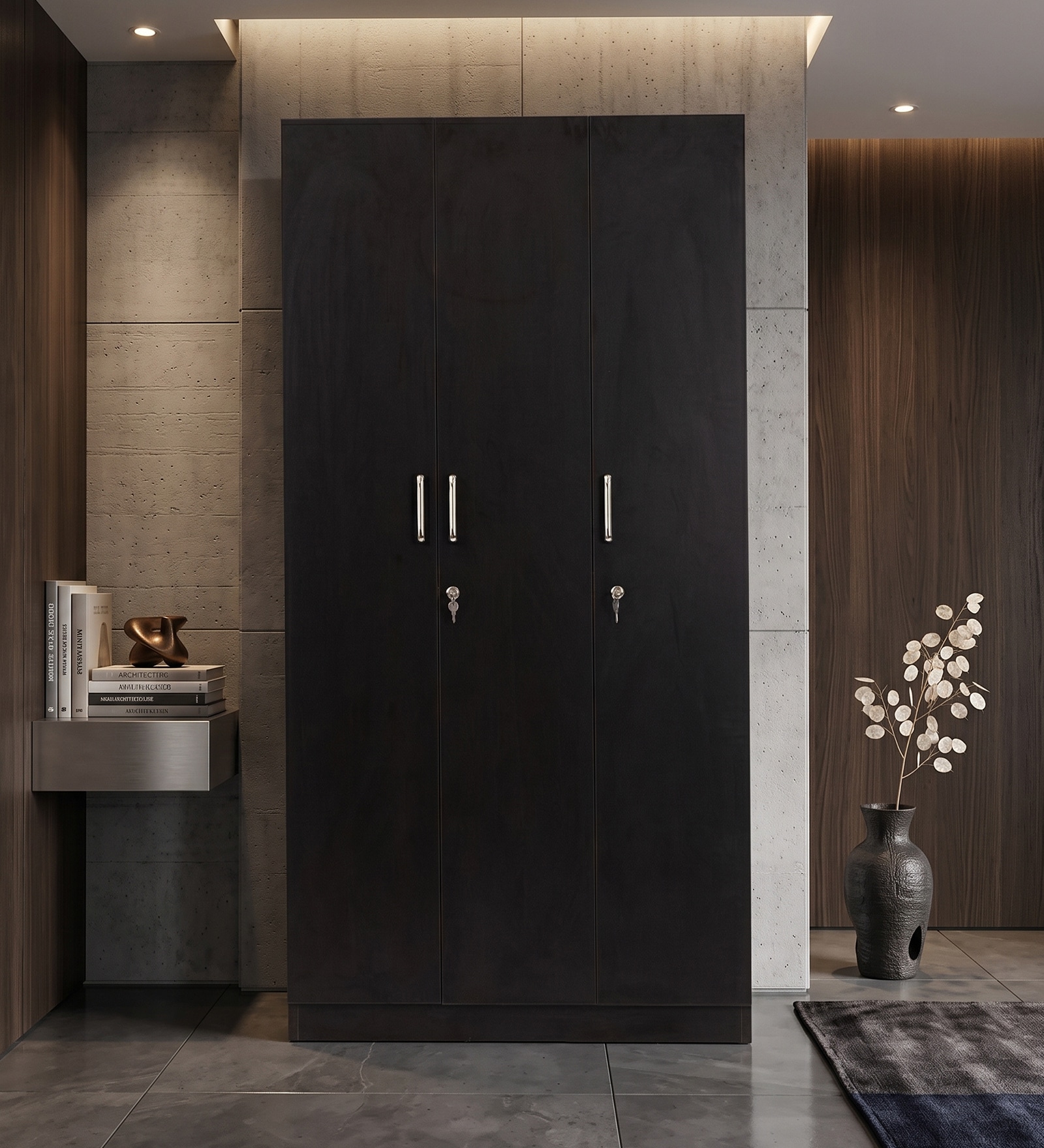 Kibo 3 Door Wardrobe In Wenge Finish With Drawer & Adjustable Shelves