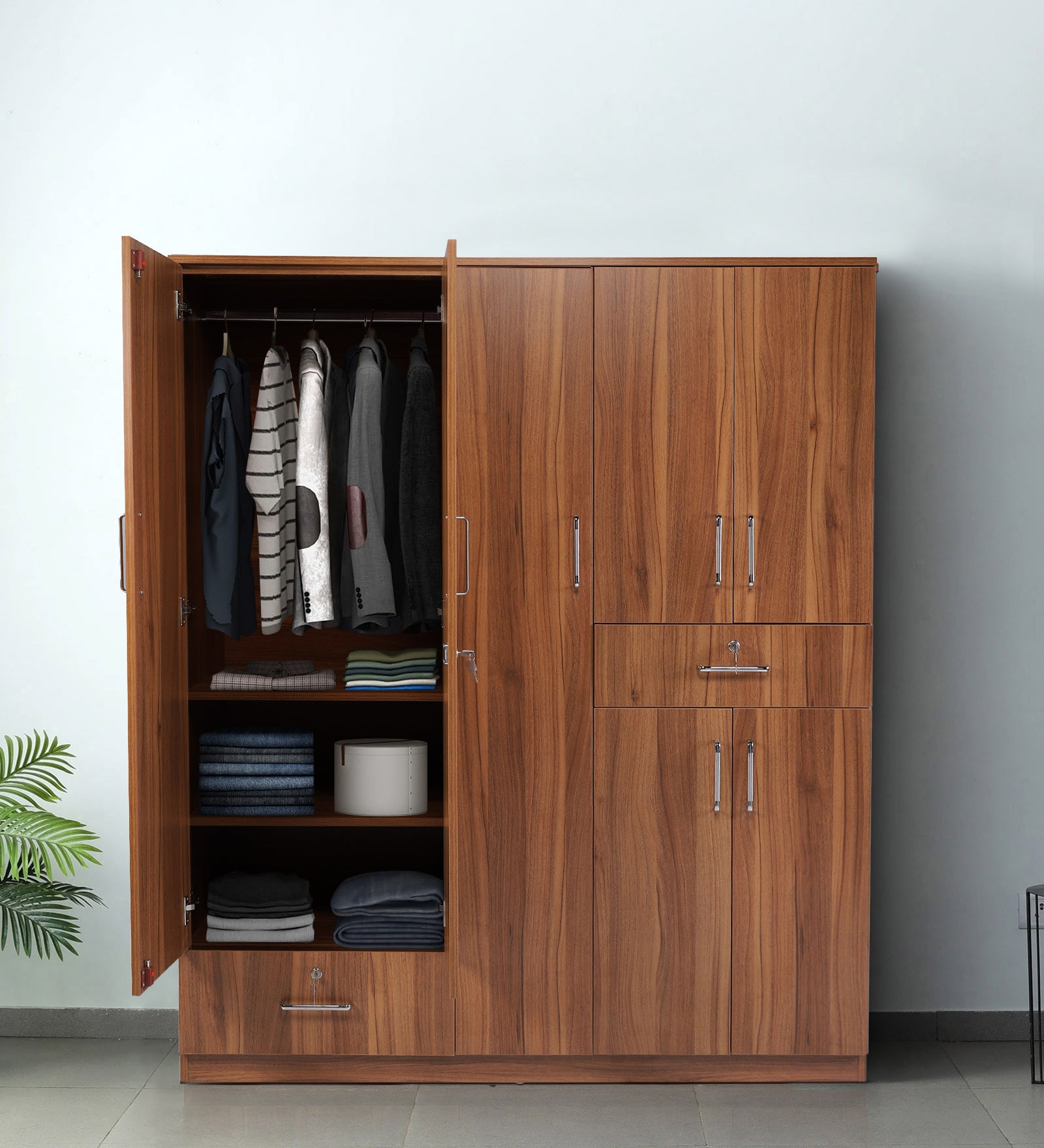 Kibo 5 Door Wardrobe In Lyon Walnut Finish With Adjustable Shelf & Drawer