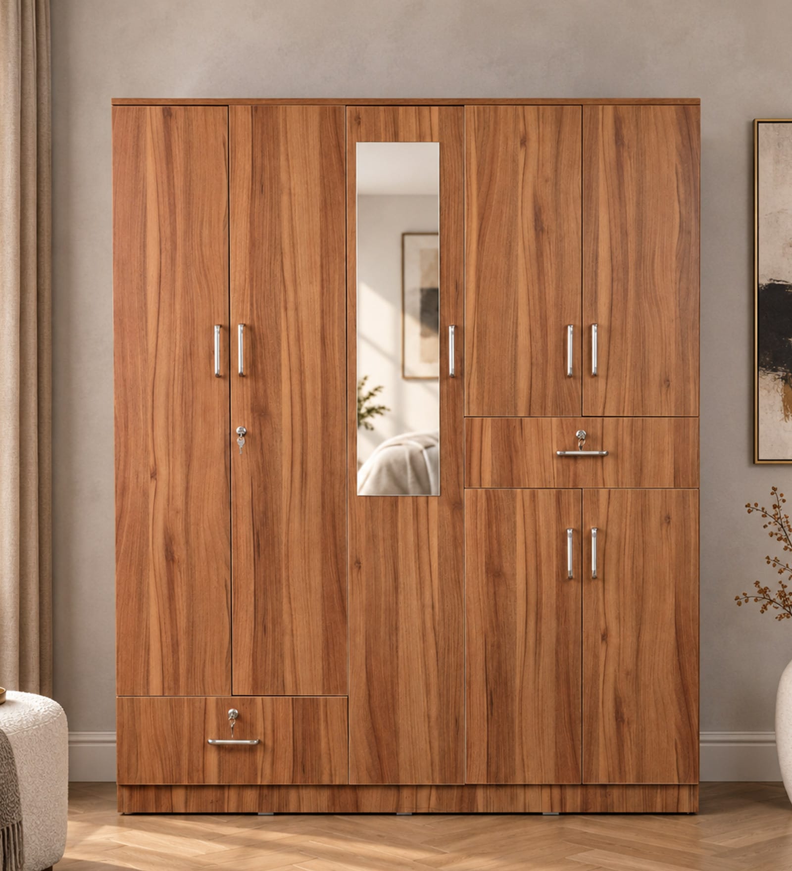 Kibo 5 Door Wardrobe In Lyon Walnut Finish With Adjustable Shelf & Drawer
