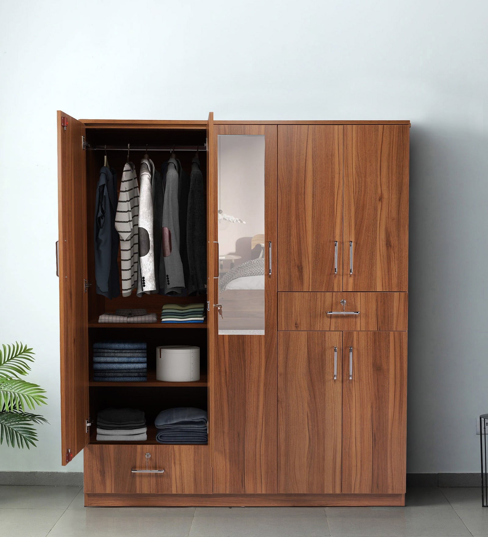 Kibo 5 Door Wardrobe With Adjustable Shelf In Lyon Walnut Finish With Mirror & Drawer