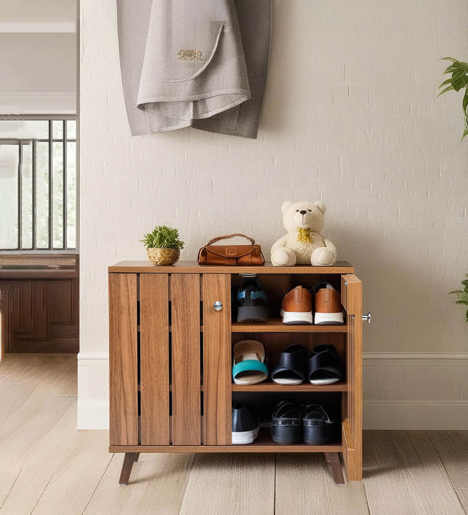 Kibo 9-Pairs Shoe Cabinet with 2 Doors In Lyon Walnut Finish