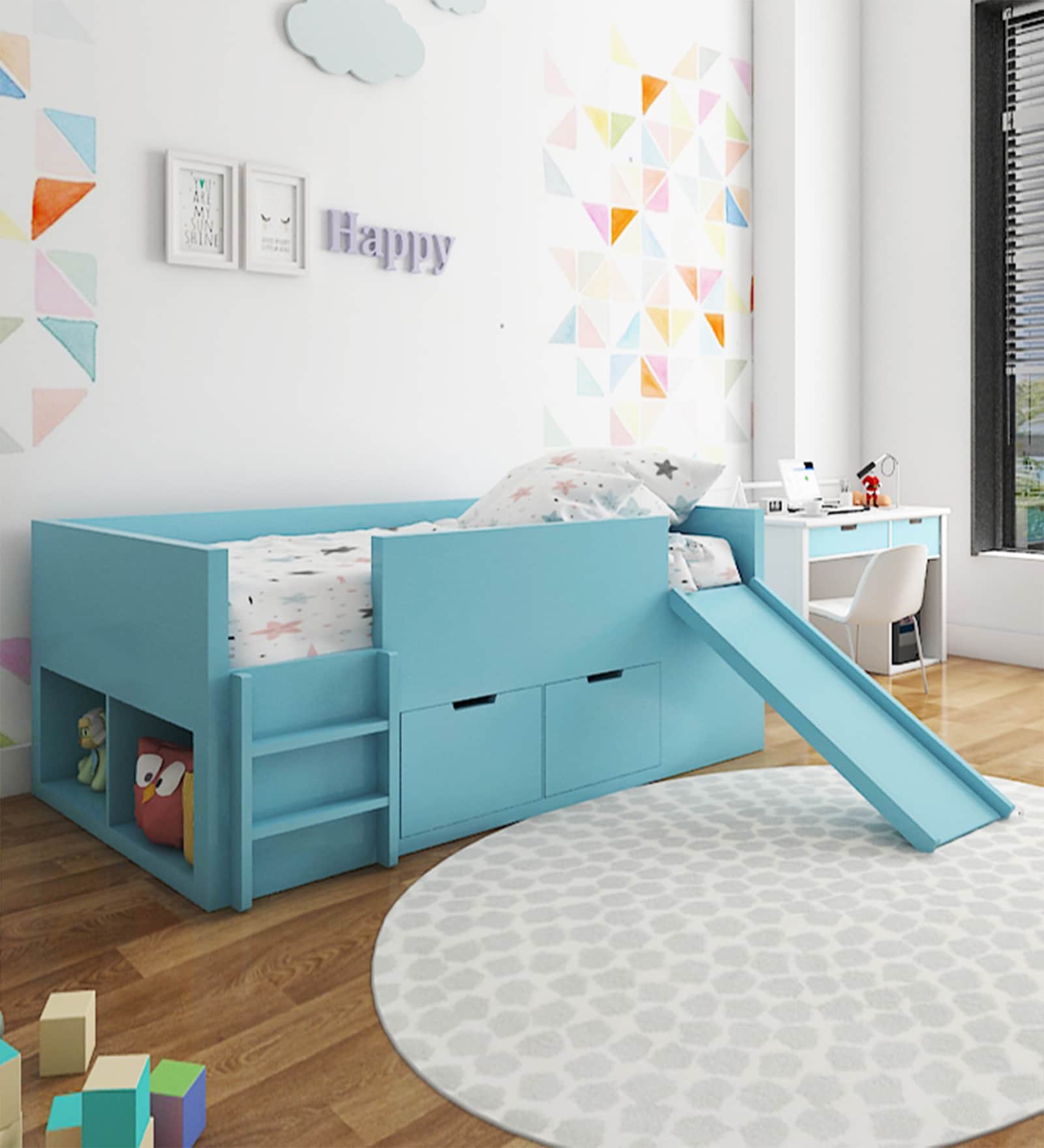 Kiddie Low Loft Bed with Drawer Storage, Slide & Ladder in Baby Blue Finish