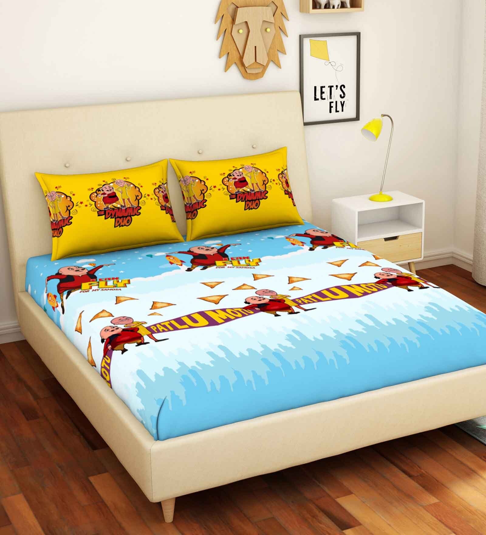 Motu Patlu Themed Double Bedsheet with 2 Pillow Cover in Blue & Yellow Colour