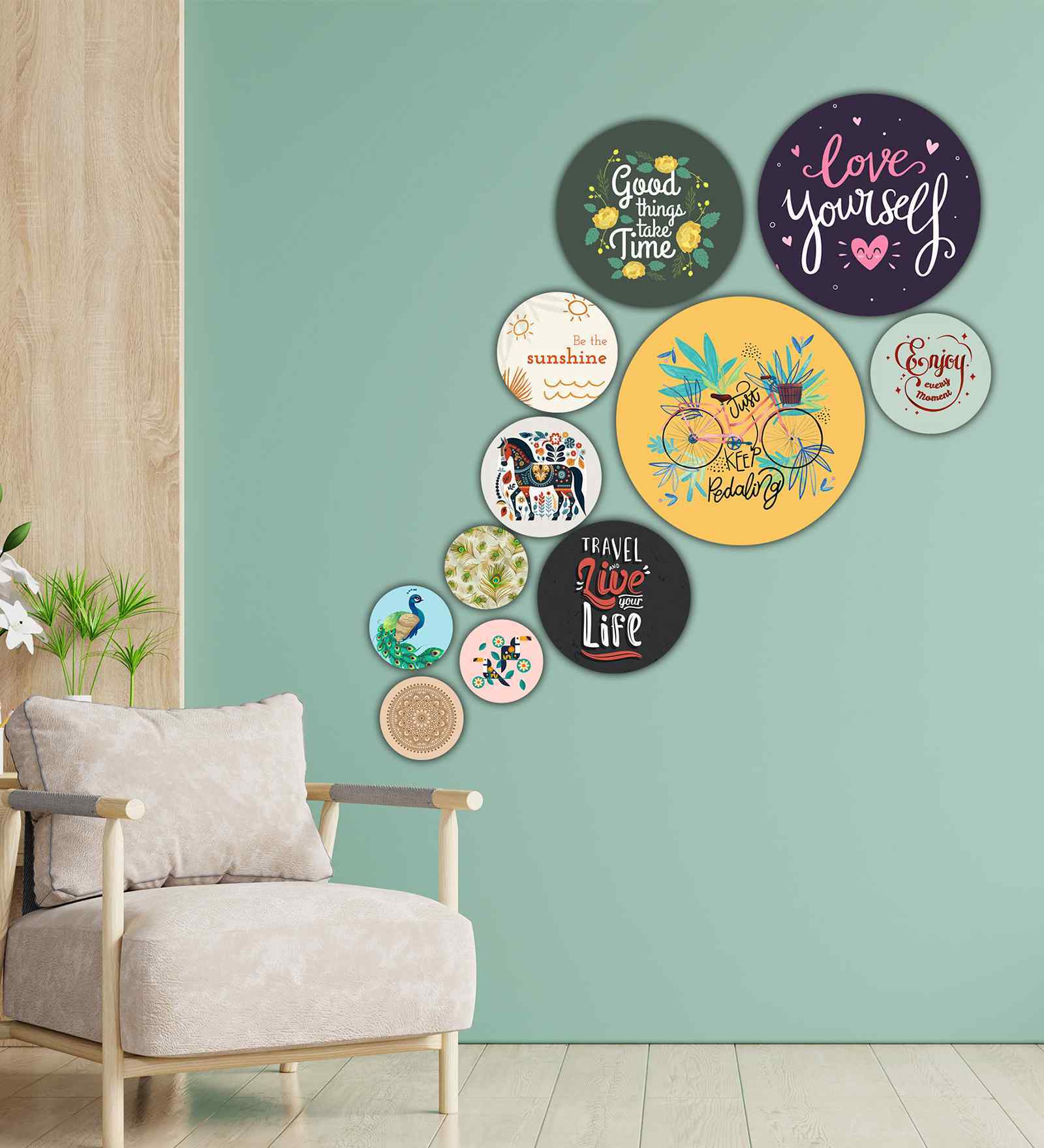 Set of 11 Decorative Life Theme Round Wall Art Stickers