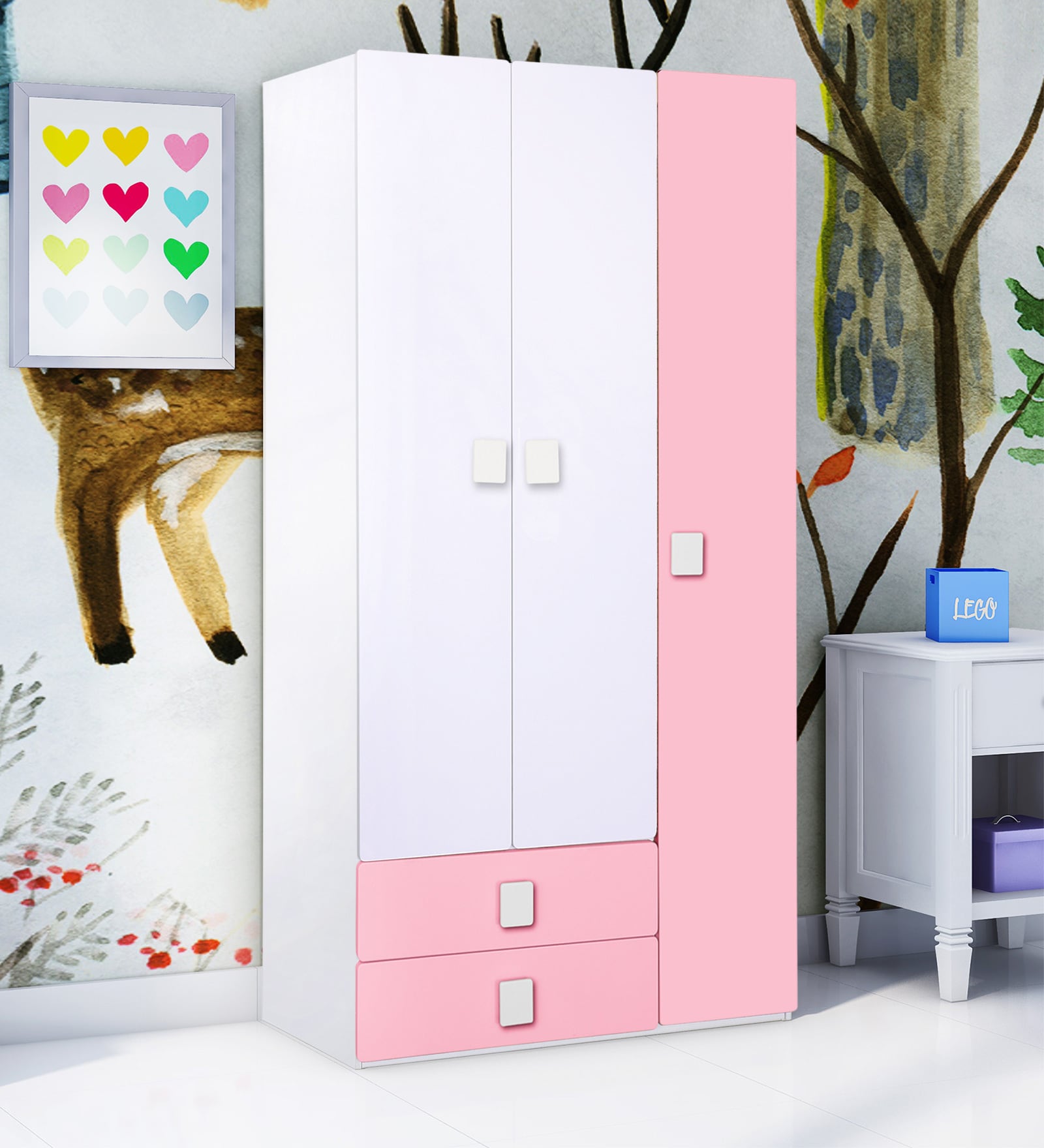 Kids 3 Door Wardrobe with Drawers in Pink & White Colour
