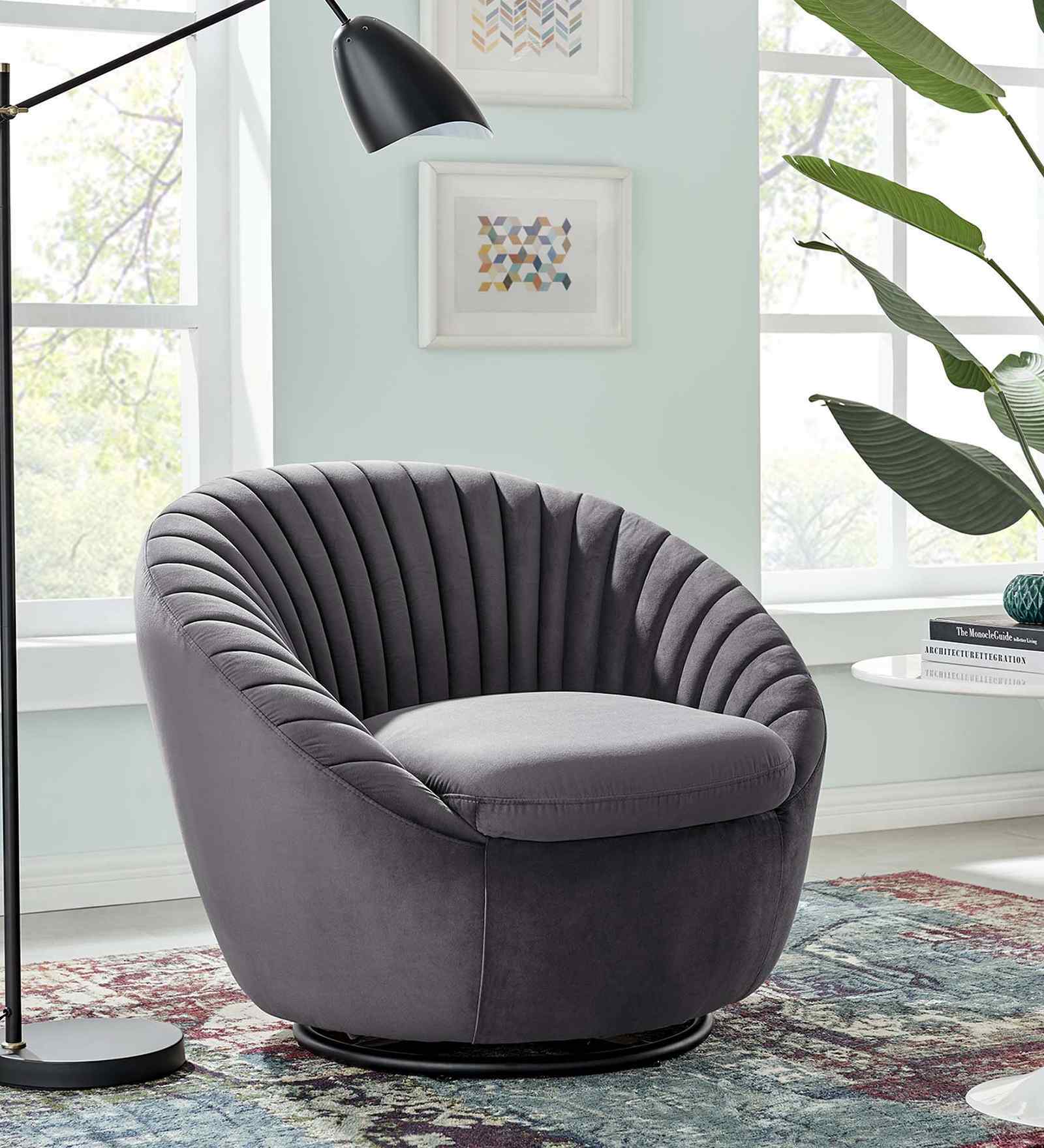 Kieon Velvet Fabric Barrel Chair In Grey Colour