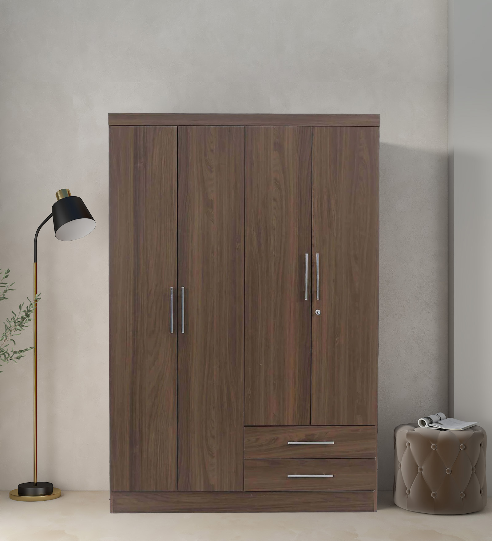 Kimura 4 Door Wardrobe in Light Walnut Finish with Lock