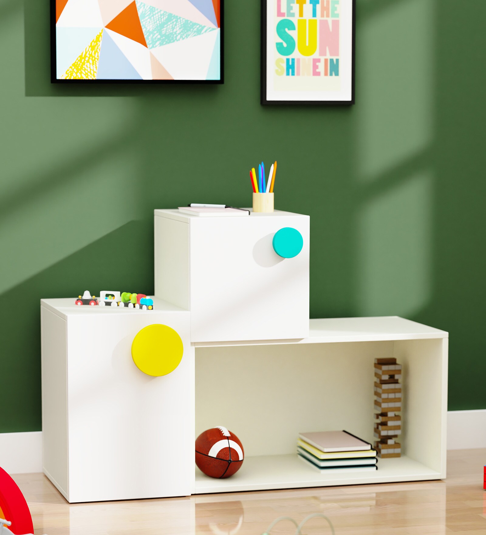Kindergarten Kids Storage Cabinet in White & Yellow & Blue Colour