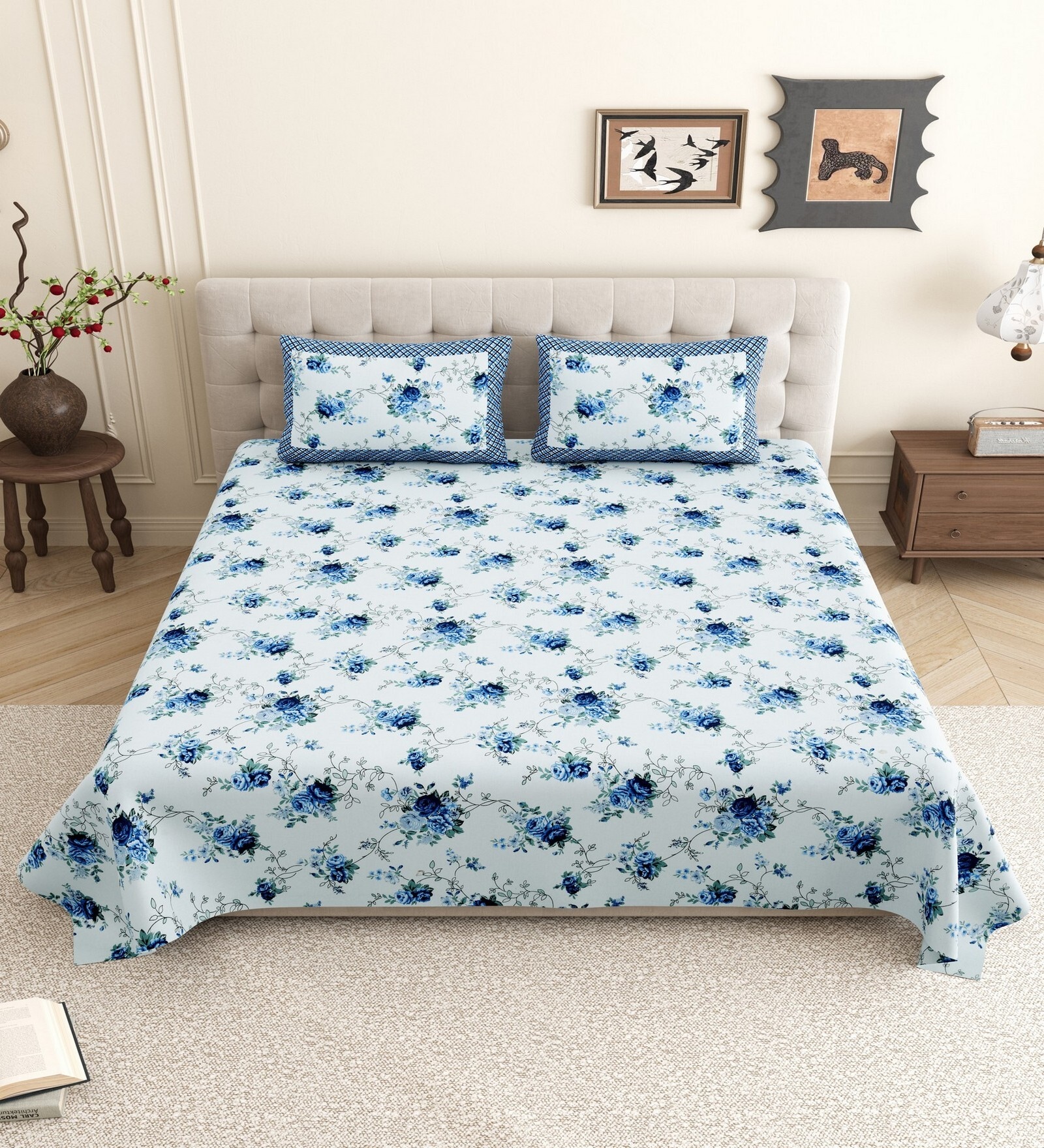 Blue Floral 144 TC Cotton King Size  King Size Bedsheet With 2 Pillow Cover