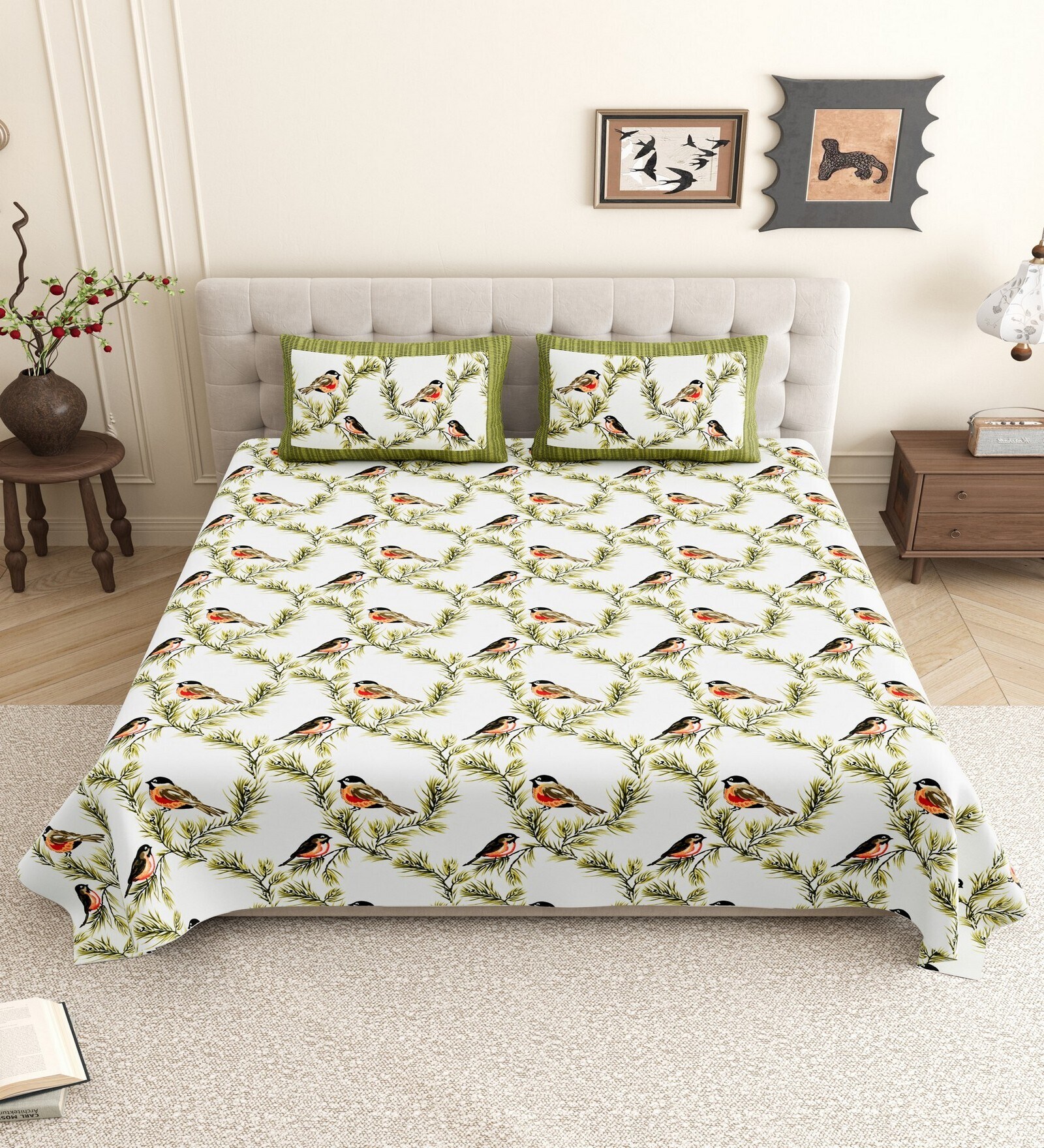 Green Birds Print 144 TC Cotton King Size  King Size Bedsheet With 2 Pillow Cover