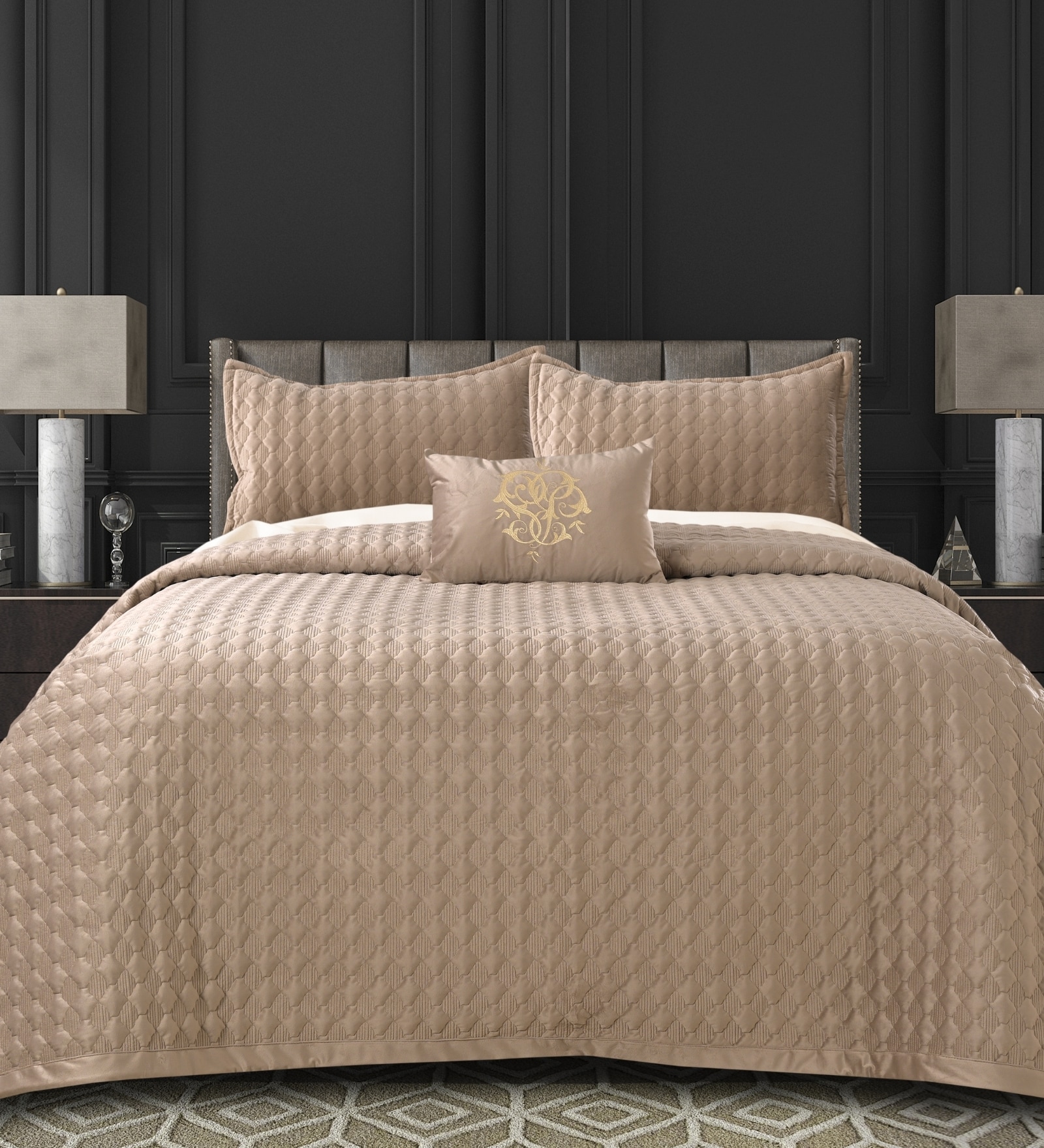 Beige 572 GSM Cotton King Sized Double Bedding set With 2 Pillow Covers And 1 Cushion Cover