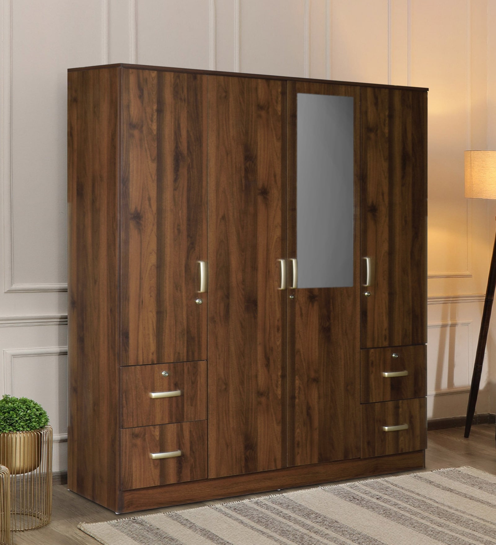 Kioshi 4 Door Wardrobe in Columbia Walnut Finish with Mirror & Lock