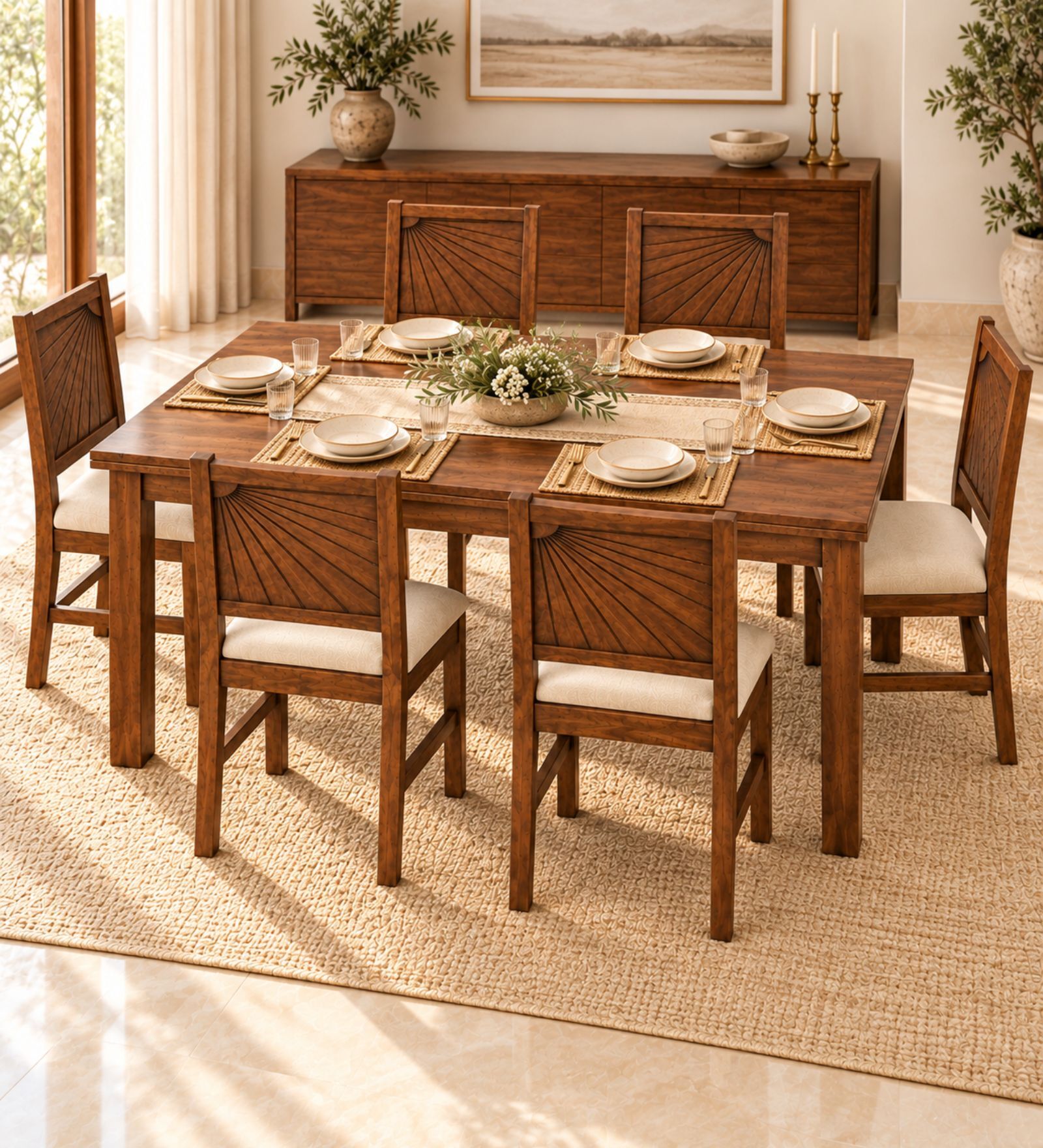 Kiran 6 Seater Dining Set In Provincial Teak Finish With Beige Colour Chair Kiran 6 Seater Dining Set In Provincial Teak Finish With Beige Colour Chair