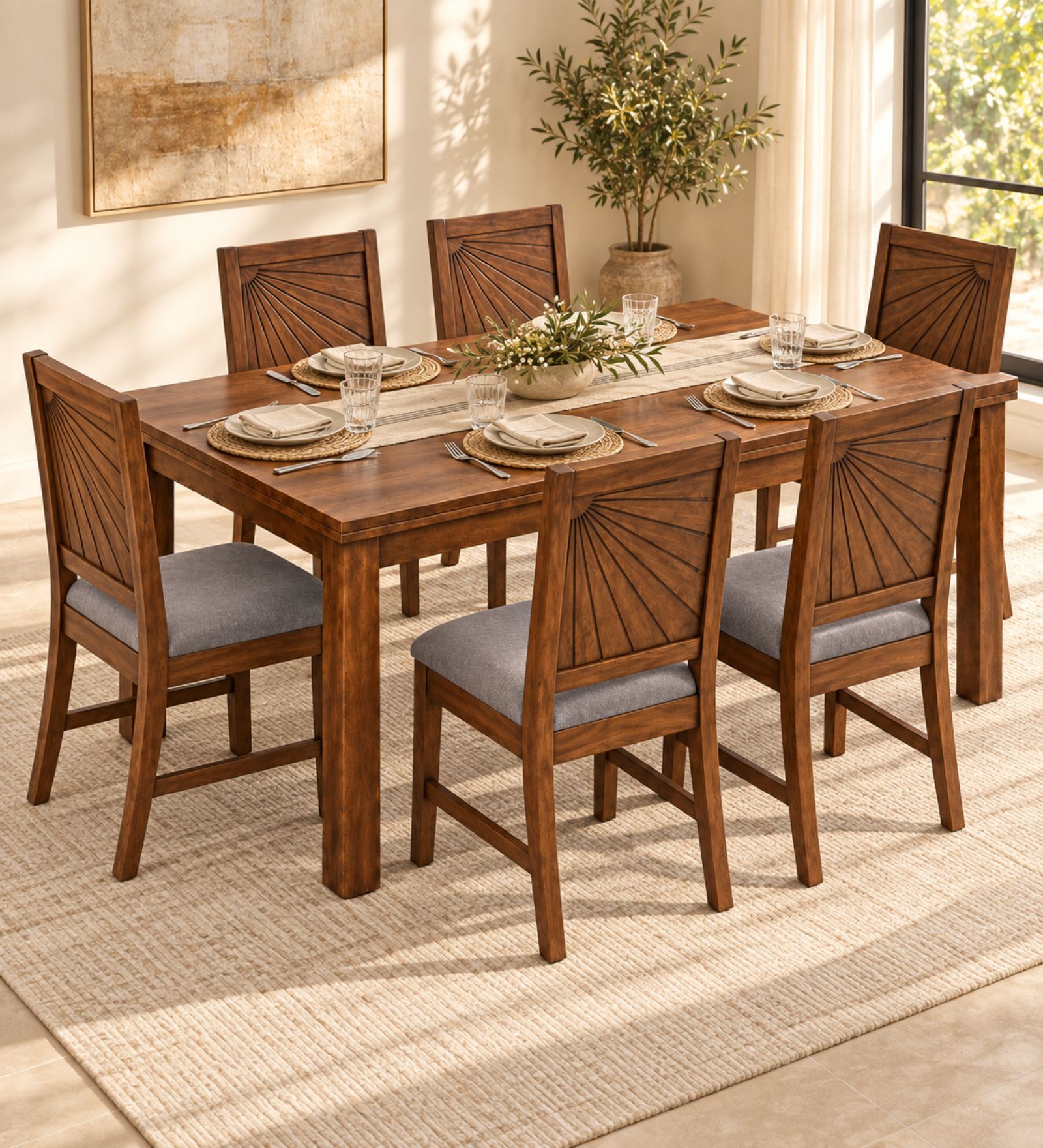 Kiran 6 Seater Dining Set In Provincial Teak Finish With Grey Colour Chair Kiran 6 Seater Dining Set In Provincial Teak Finish With Grey Colour Chair