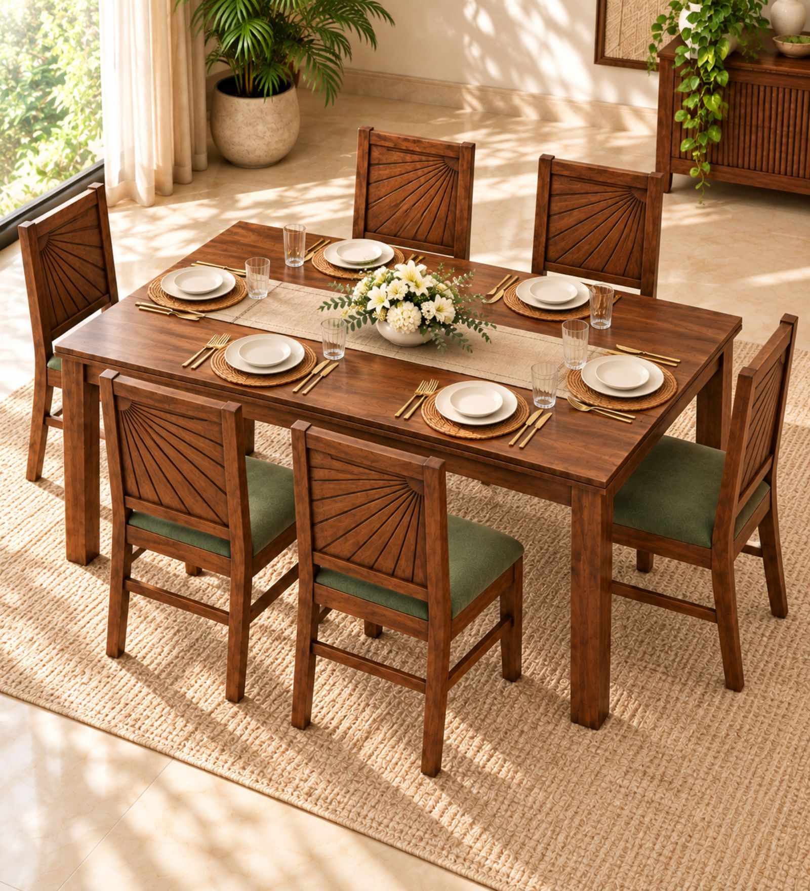 Kiran 6 Seater Dining Set In Provincial Teak Finish With Olive Green Colour Chair Kiran 6 Seater Dining Set In Provincial Teak Finish With Olive Green Colour Chair
