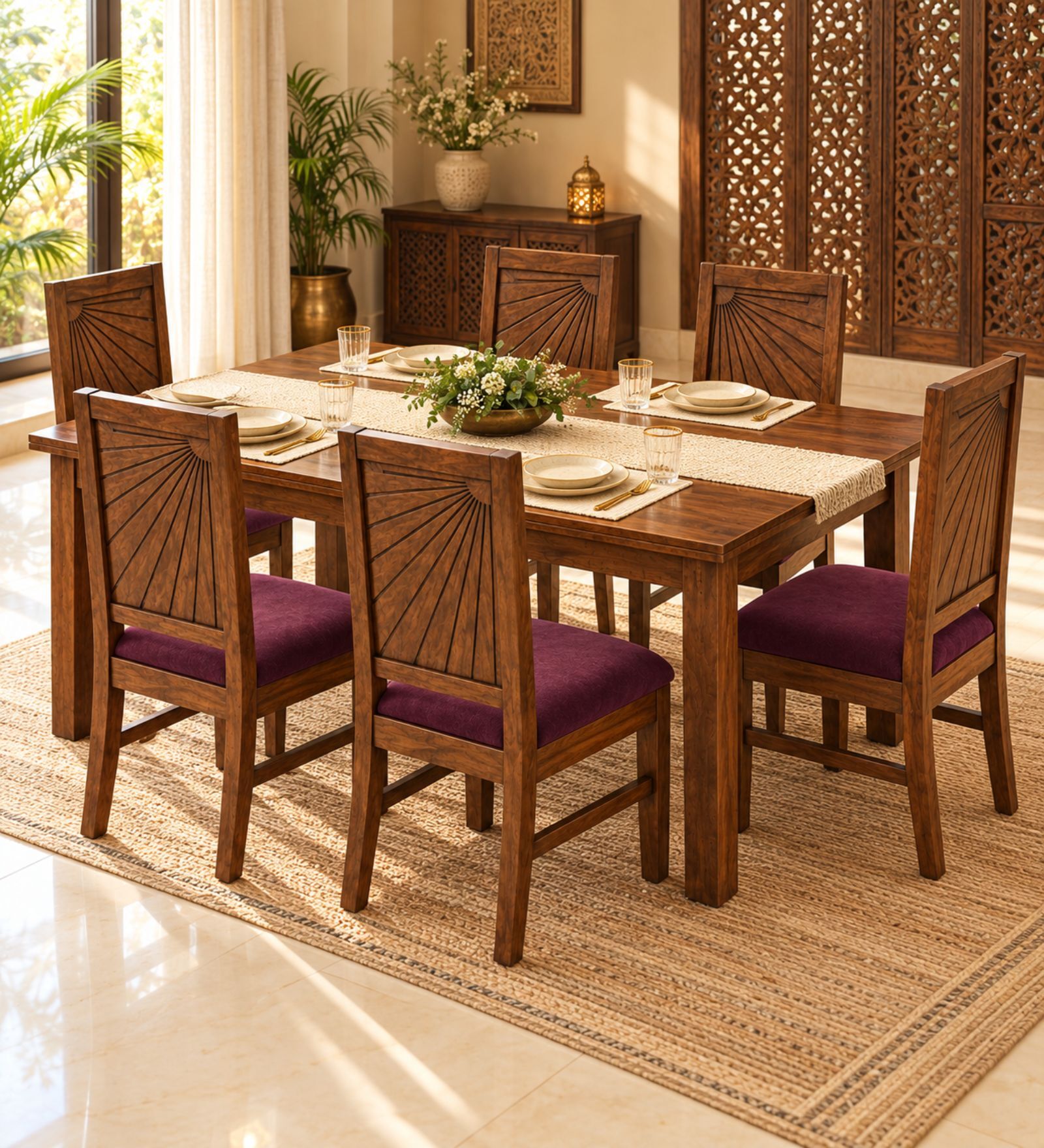 Kiran 6 Seater Dining Set In Provincial Teak Finish With Plum Colour Chair Kiran 6 Seater Dining Set In Provincial Teak Finish With Plum Colour Chair