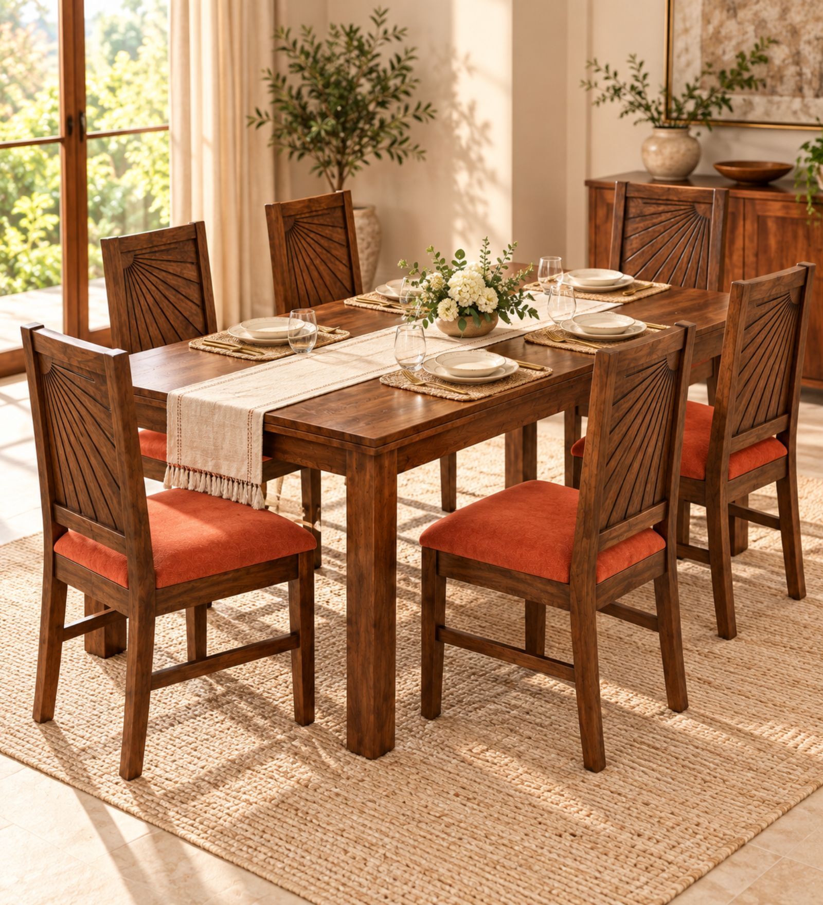Kiran 6 Seater Dining Set In Provincial Teak Finish With Terracotta Orange Colour Chair Kiran 6 Seater Dining Set In Provincial Teak Finish With Terracotta Orange Colour Chair