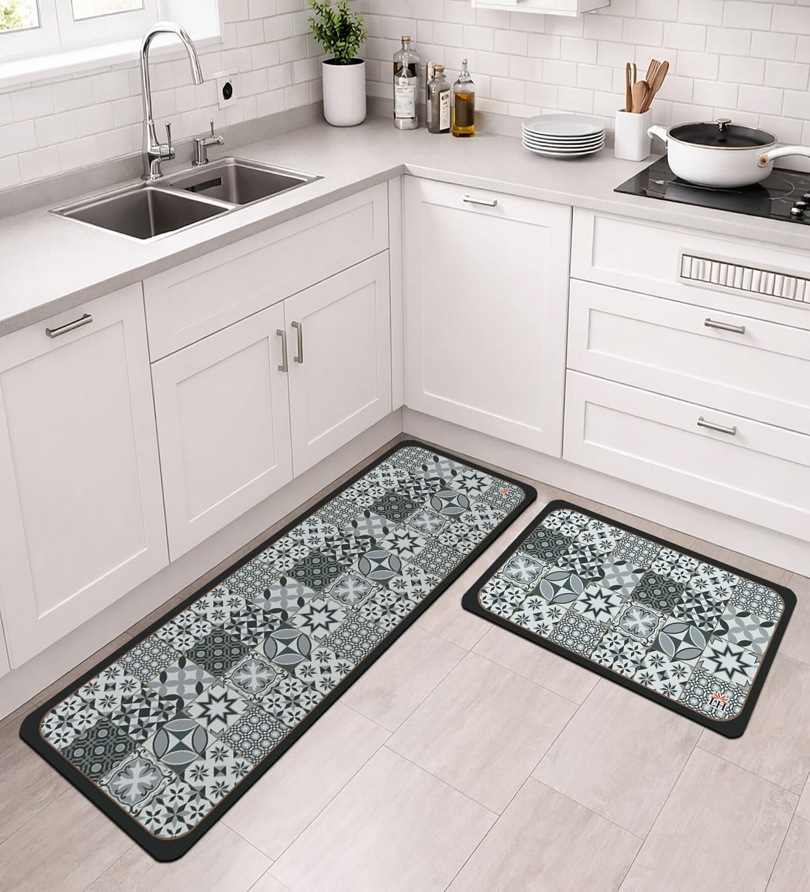 Grey Geometric Design Kitchen Floor Runner and Mat Combo Pack of 2